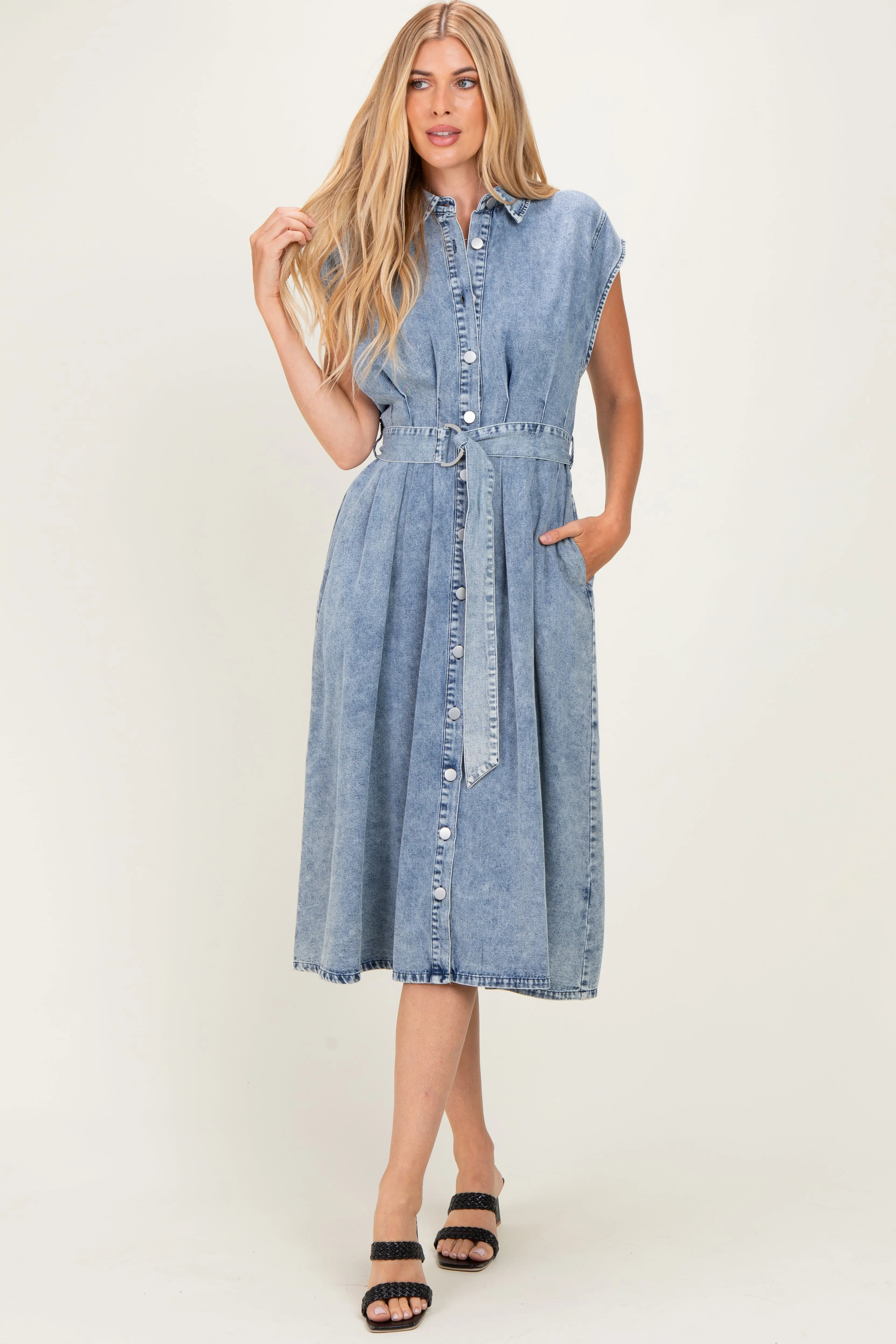 Denim Button Front Midi Dress sold by Pinkblush