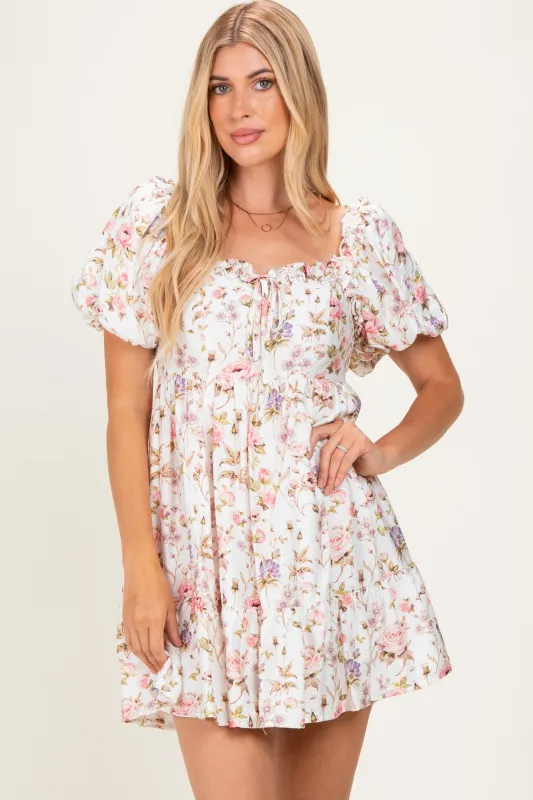 Ivory Floral Puff Sleeve Mini Dress made by So Me