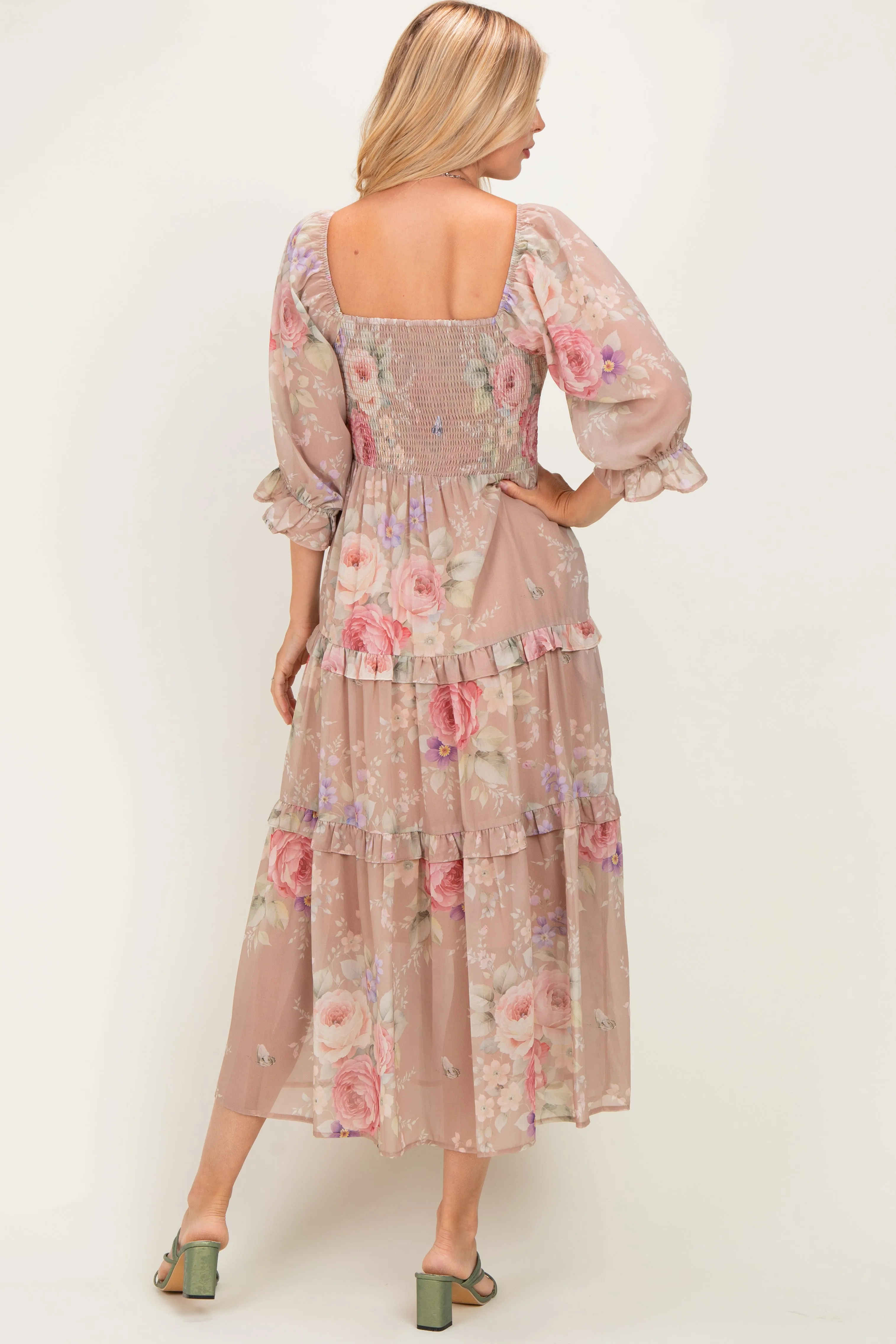 Taupe Floral Smocked Chiffon Tiered Maxi Dress sold by Pinkblush product image thumbnail 3