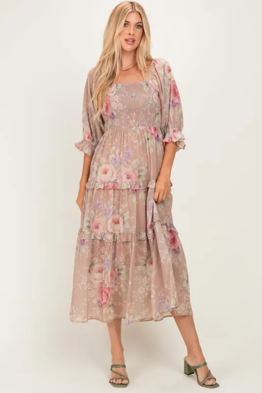 Taupe Floral Smocked Chiffon Tiered Maxi Dress made by Davi & Dani
