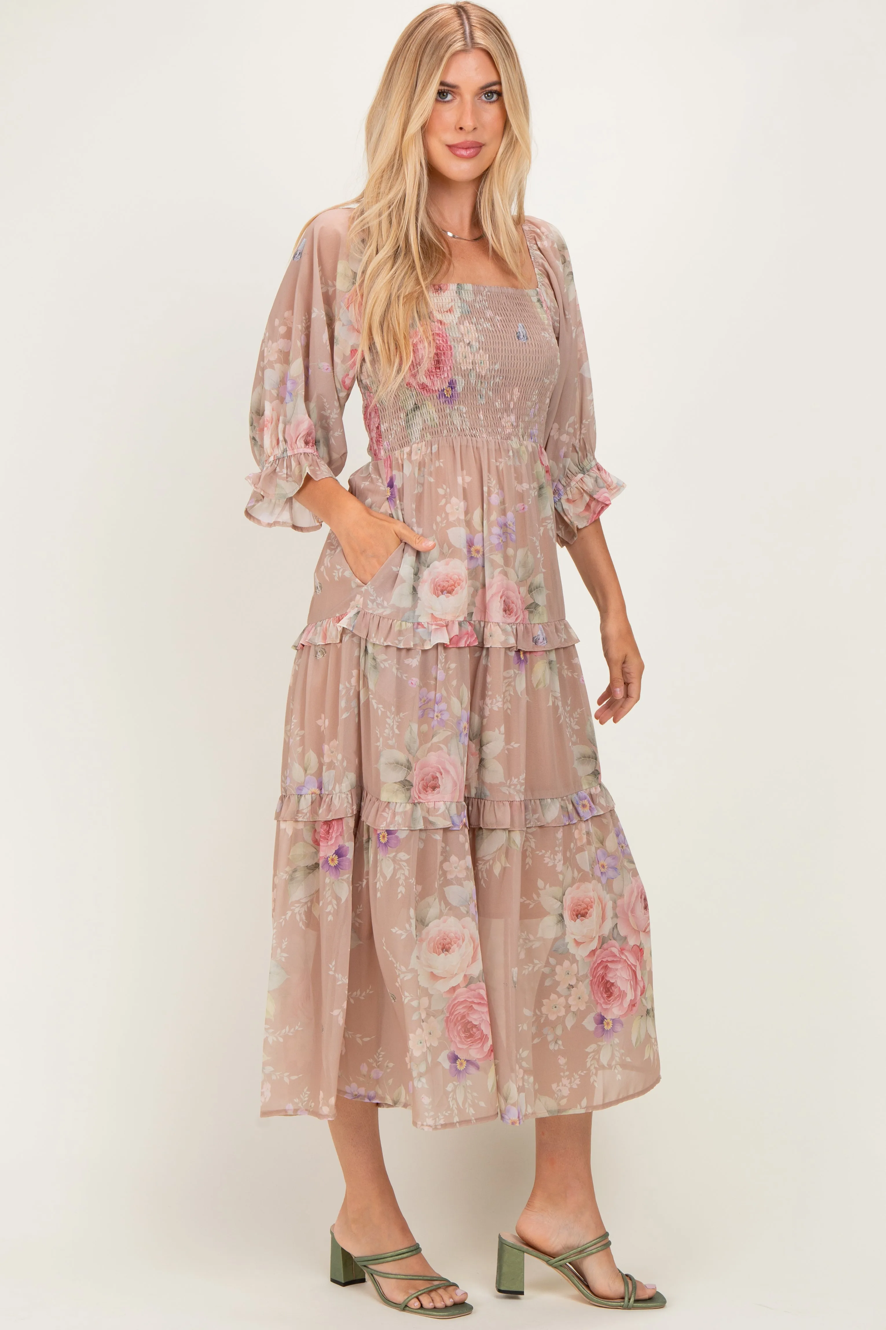 Taupe Floral Smocked Chiffon Tiered Maxi Dress sold by Pinkblush product image thumbnail 2