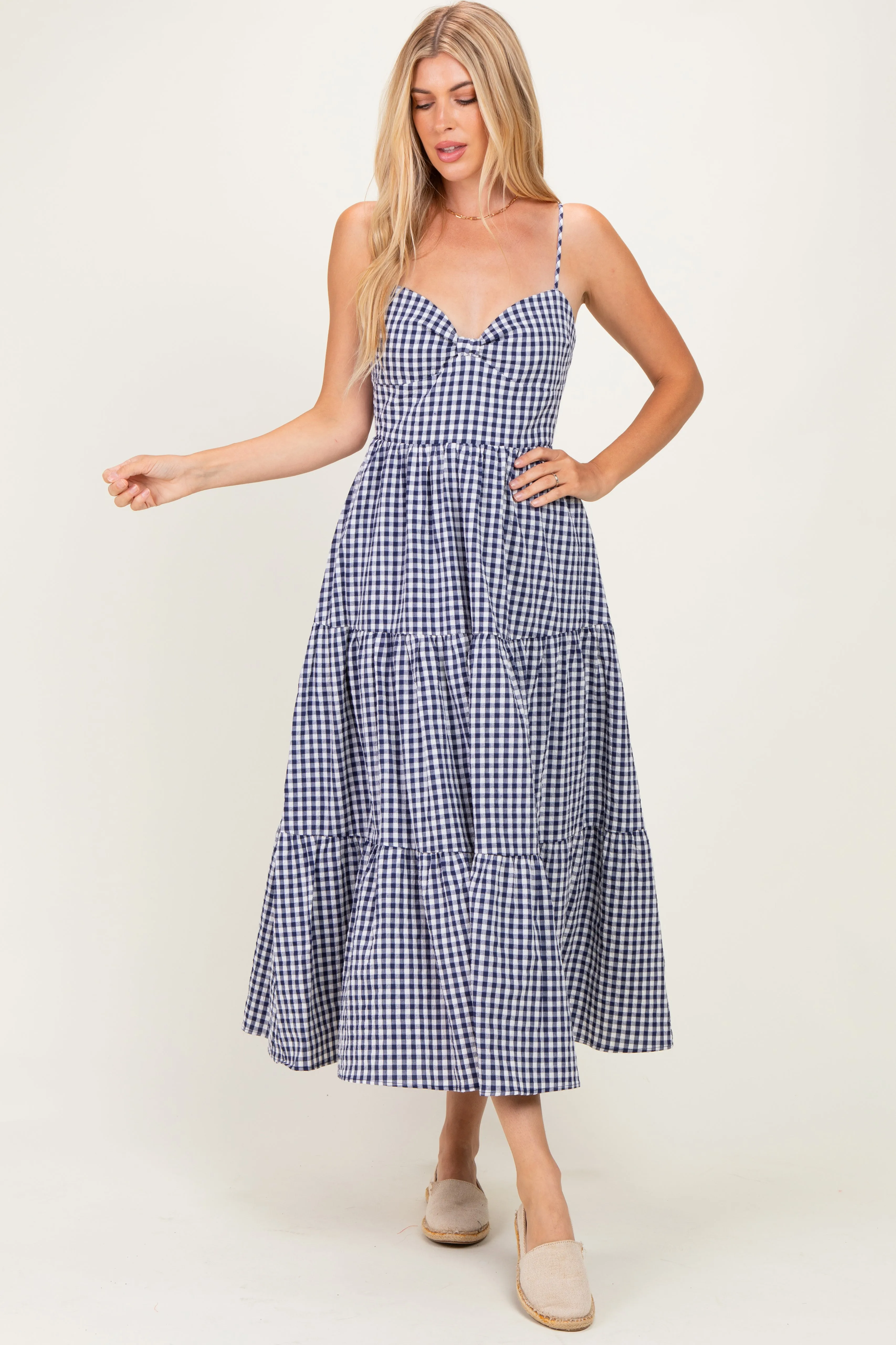 Navy Gingham Cutout Tie Back Tiered Maxi Dress sold by Pinkblush product image thumbnail 4