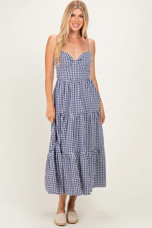 Navy Gingham Cutout Tie Back Tiered Maxi Dress made by Lovely Day