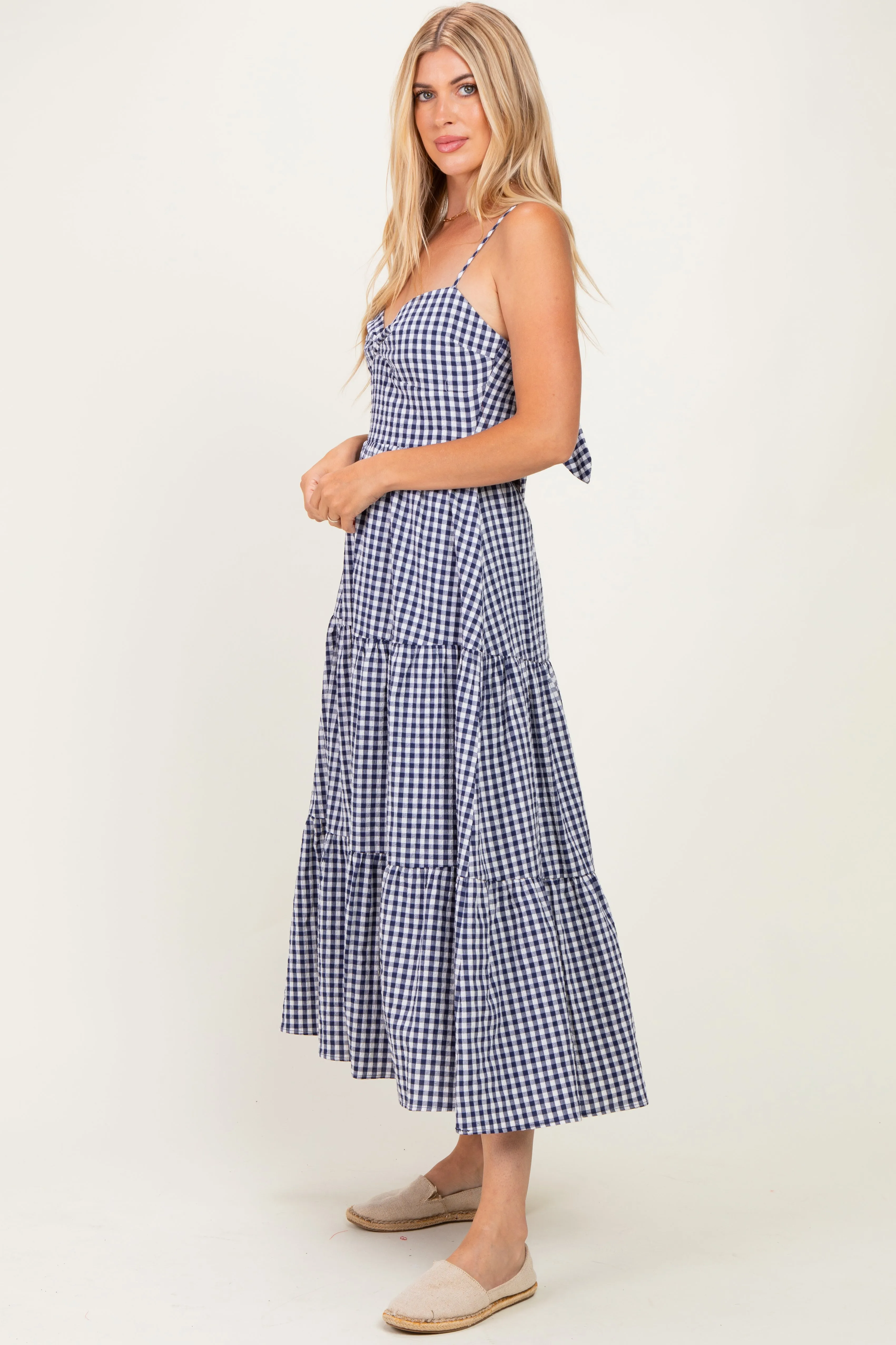 Navy Gingham Cutout Tie Back Tiered Maxi Dress sold by Pinkblush product image thumbnail 2