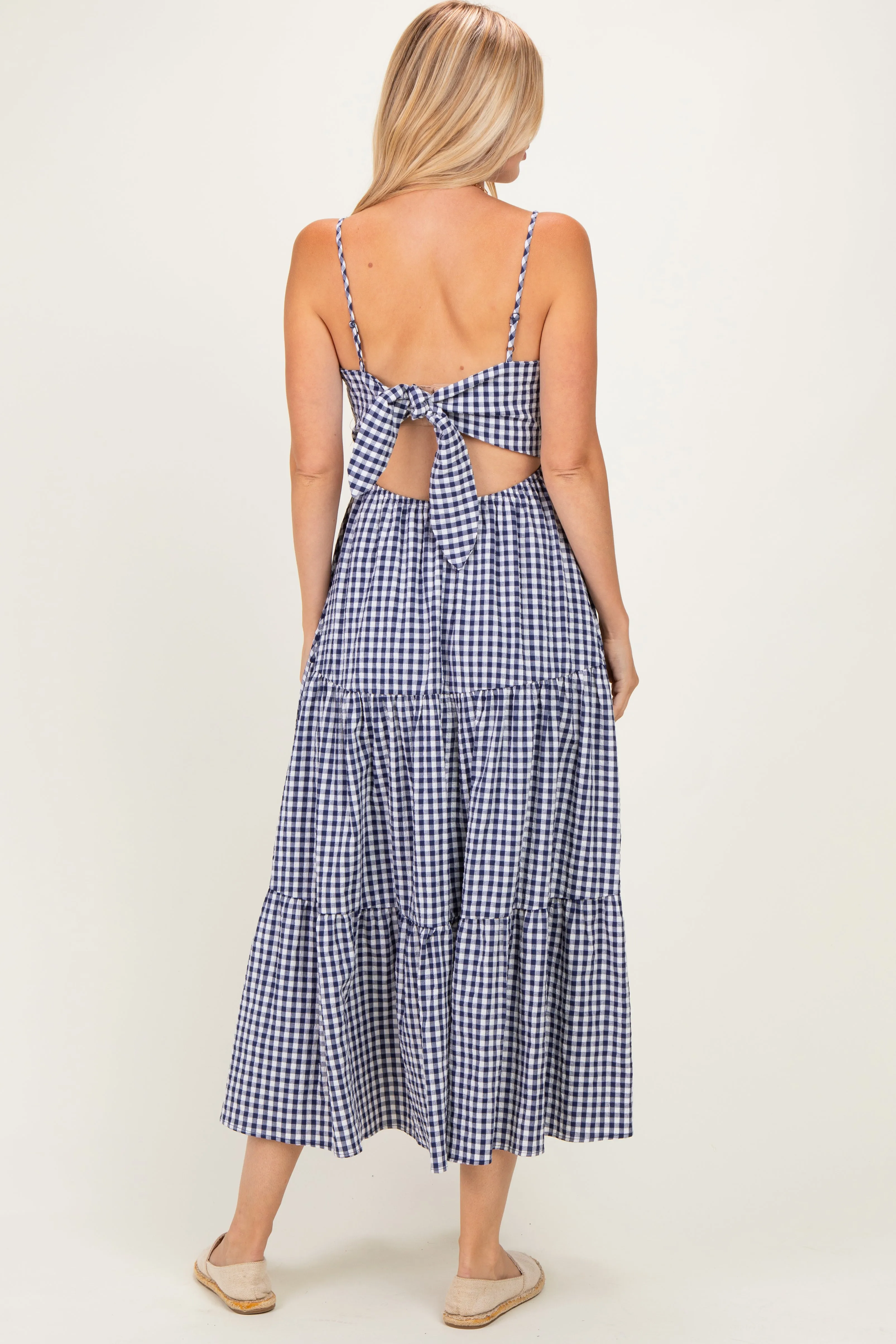 Navy Gingham Cutout Tie Back Tiered Maxi Dress sold by Pinkblush product image thumbnail 3