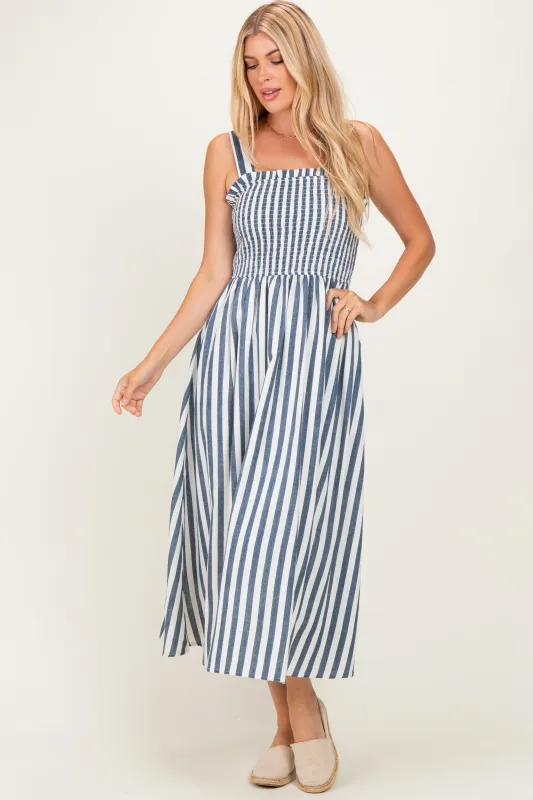 Navy Striped Smocked Sleeveless Midi Dress made by Pinkblush