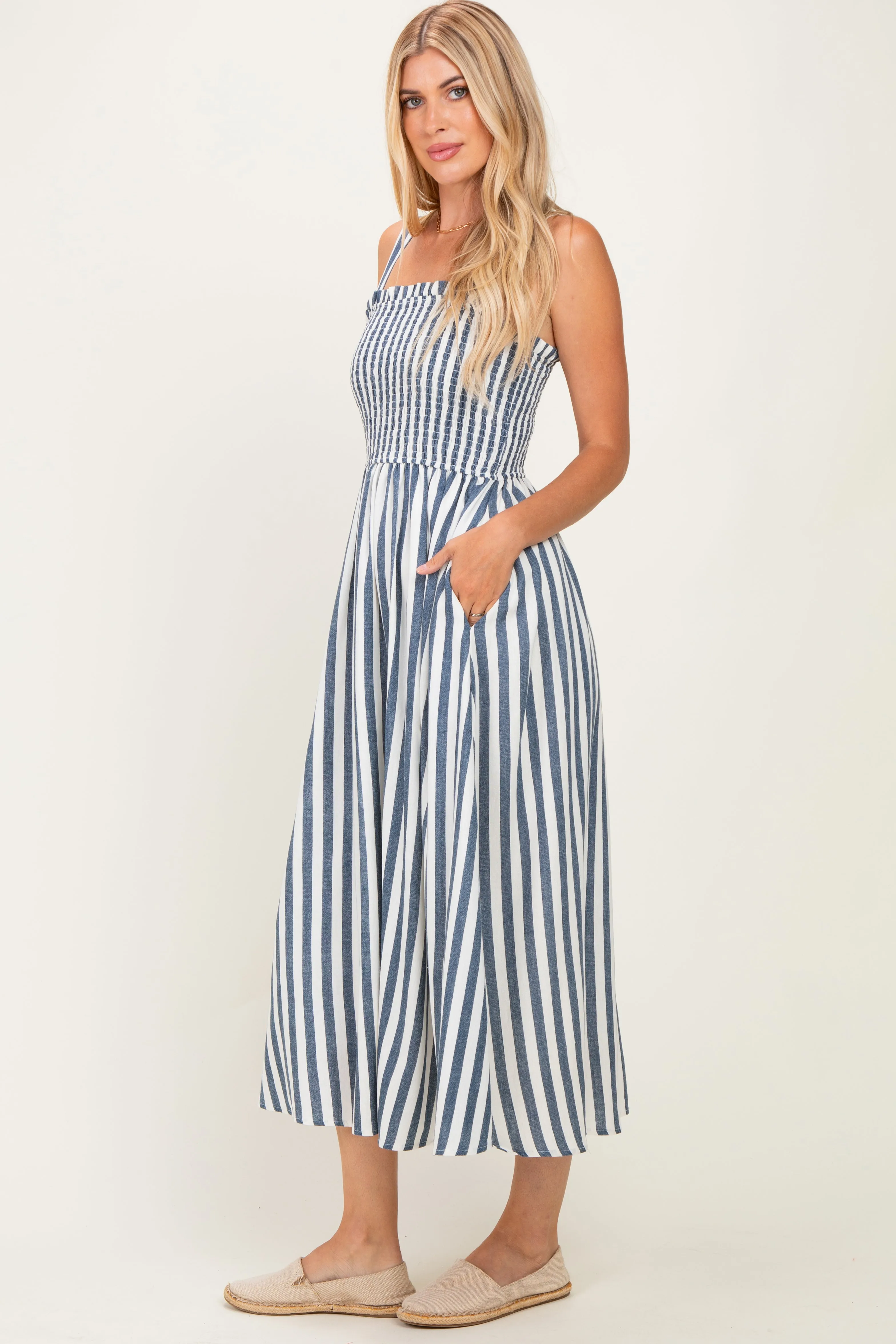Navy Striped Smocked Sleeveless Midi Dress sold by Pinkblush product image thumbnail 2