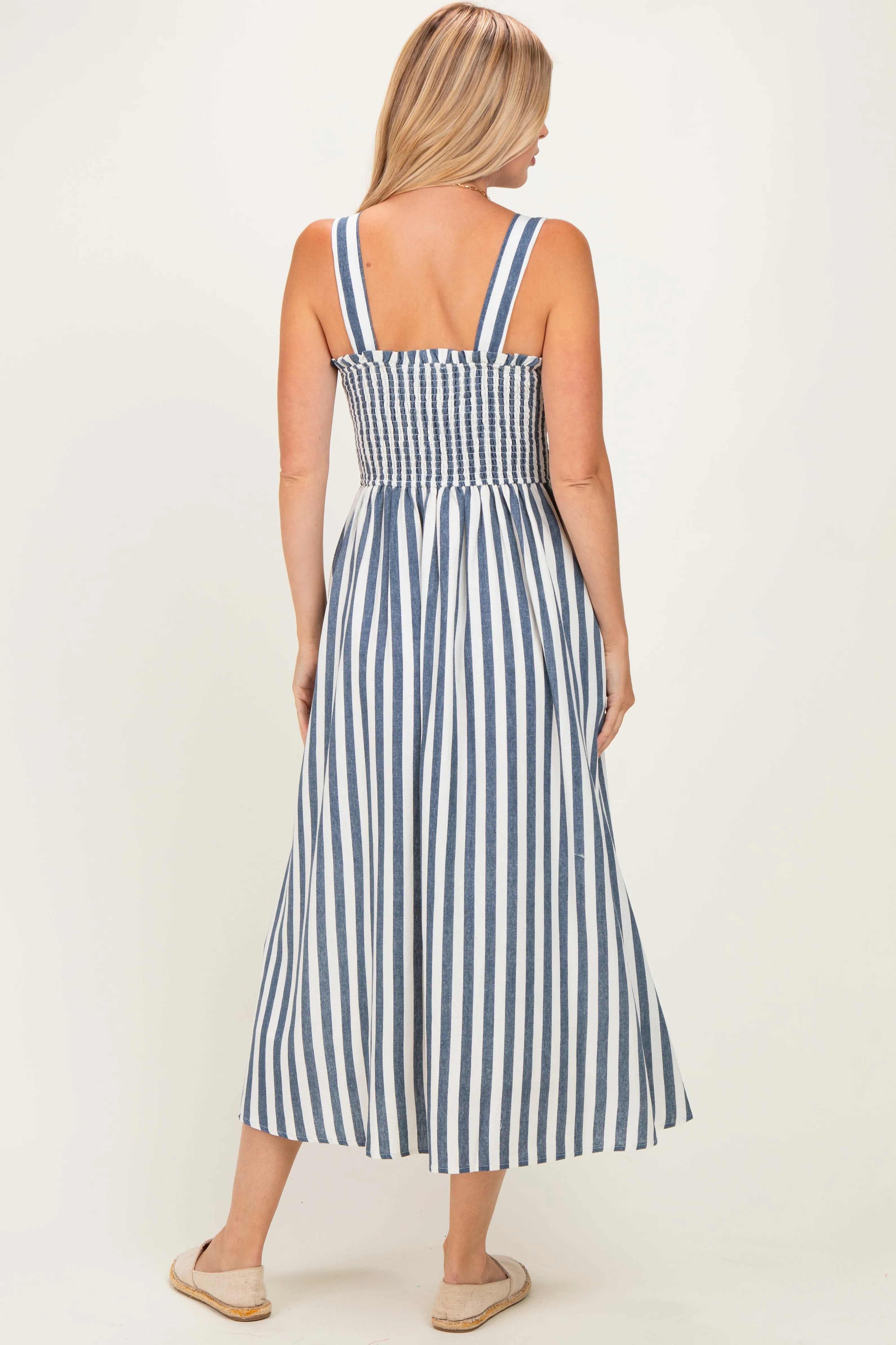 Navy Striped Smocked Sleeveless Midi Dress sold by Pinkblush product image thumbnail 3