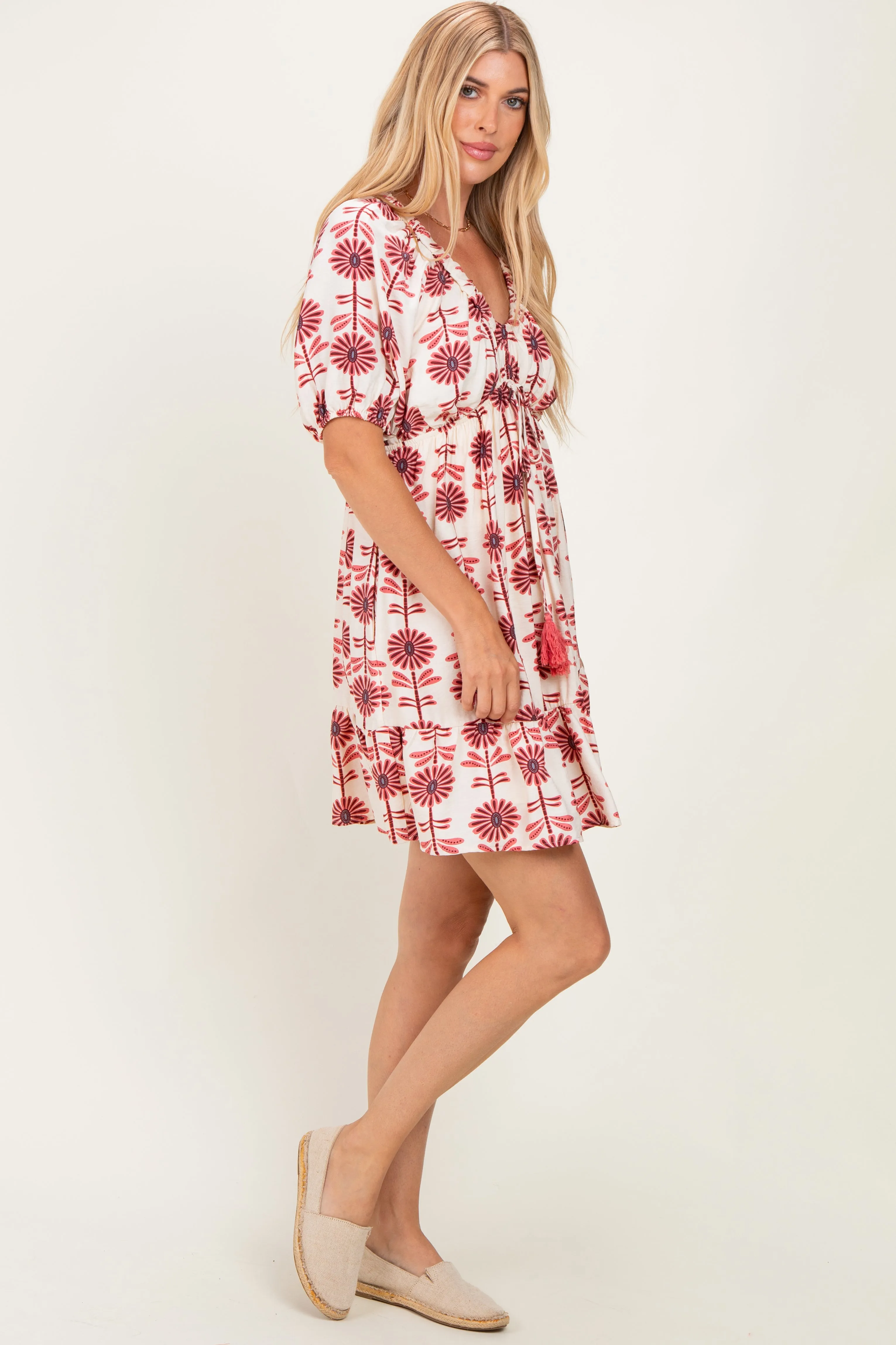 Rose Floral V Neck Puff Sleeve Ruffle Mini Dress sold by Pinkblush product image thumbnail 3