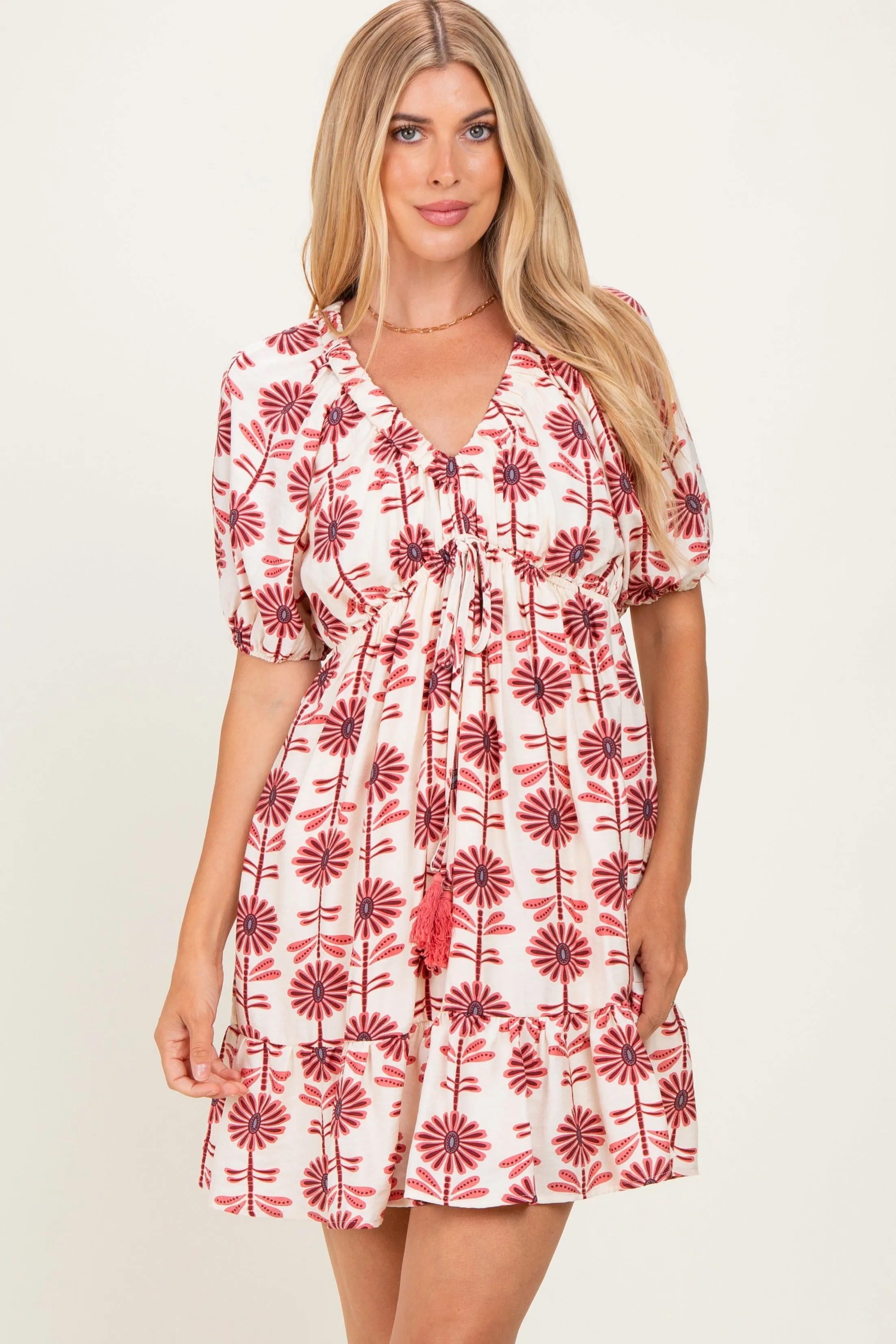 Rose Floral V Neck Puff Sleeve Ruffle Mini Dress sold by Pinkblush