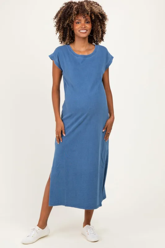 Blue Side Slit Maternity Midi T-Shirt Dress made by Blu Pepper