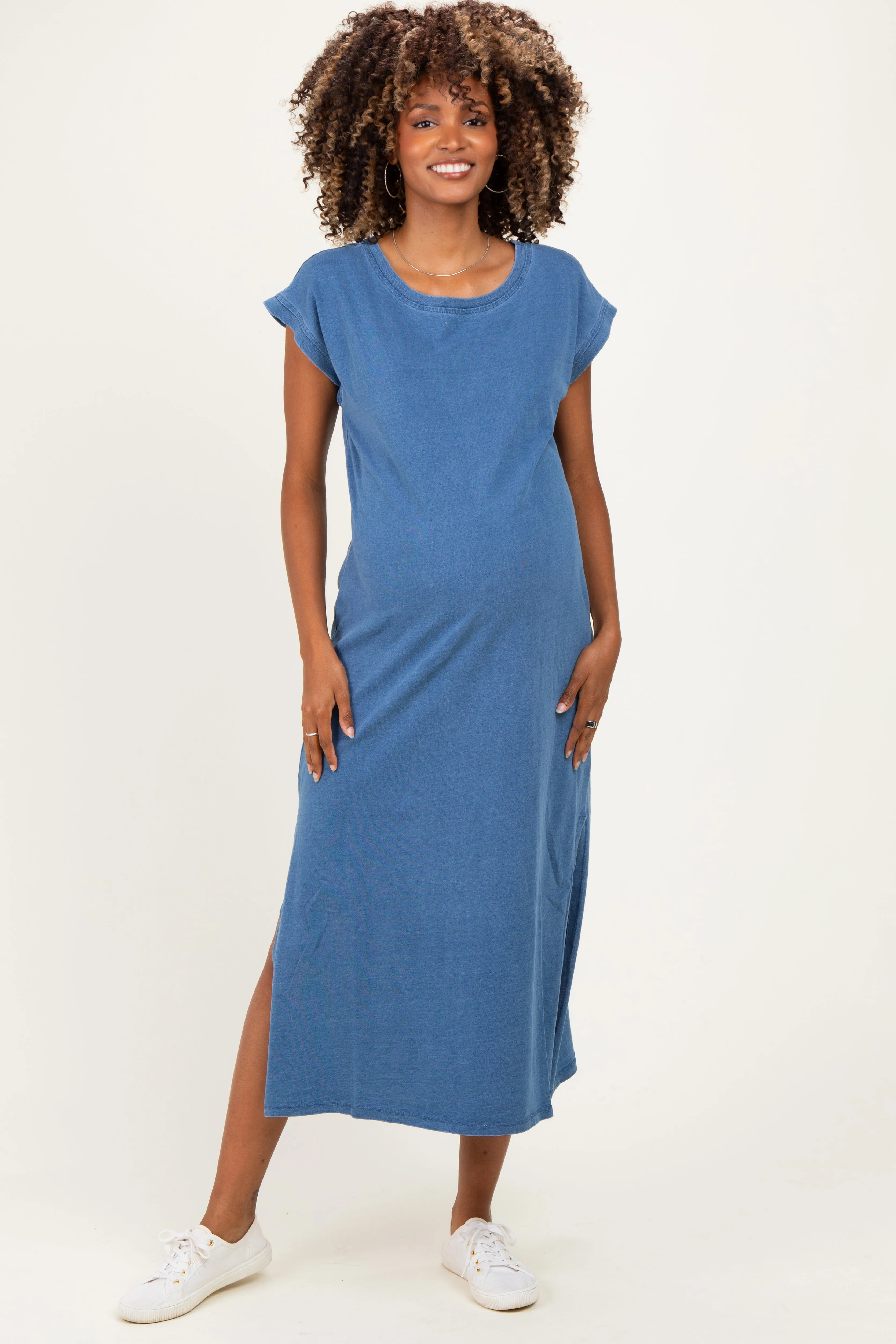 Blue Side Slit Maternity Midi T-Shirt Dress sold by Pinkblush