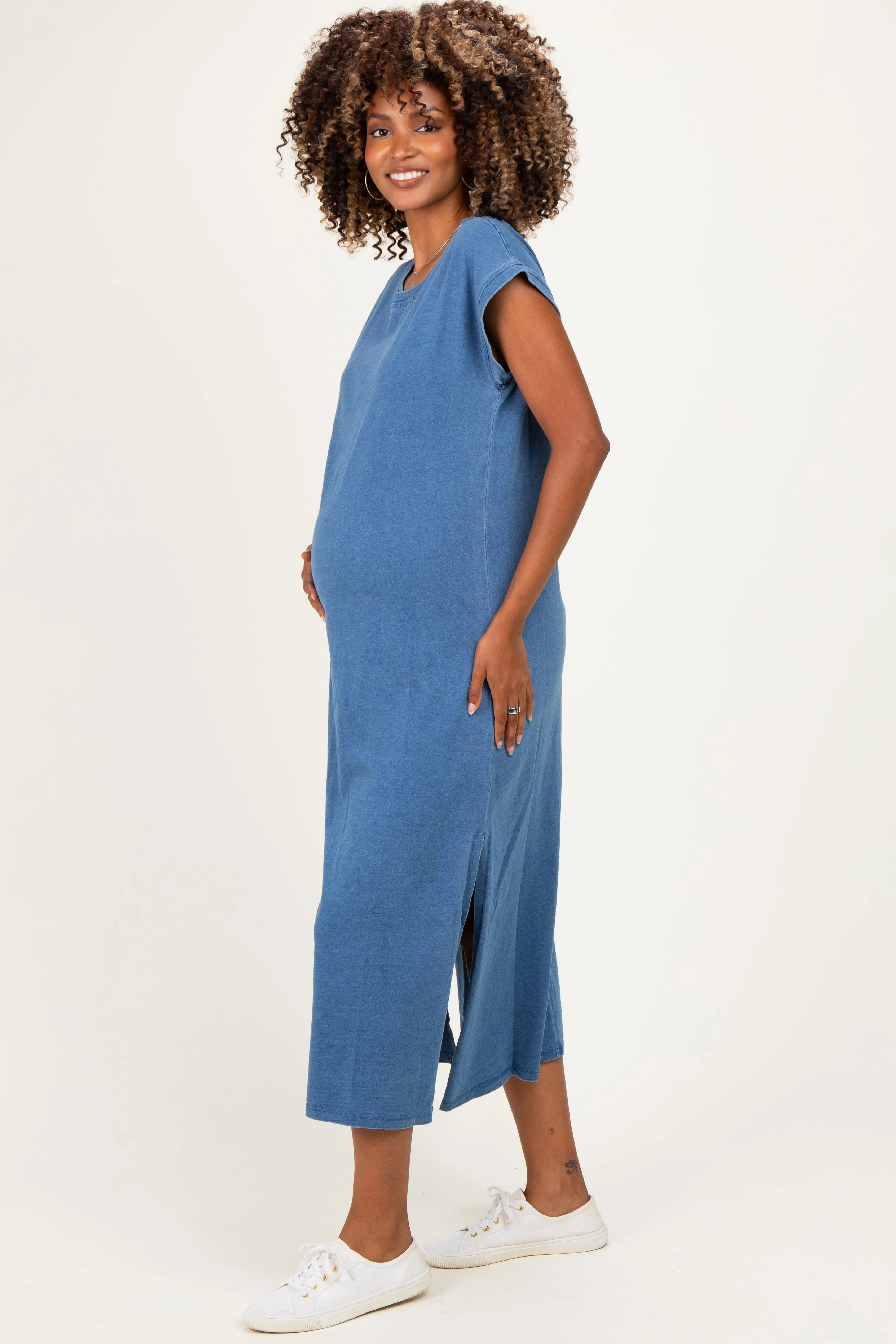Blue Side Slit Maternity Midi T-Shirt Dress sold by Pinkblush product image thumbnail 2