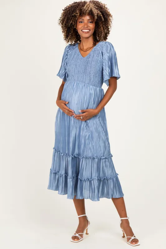Blue Pleated Satin Smocked Maternity Midi Dress made by Pinkblush