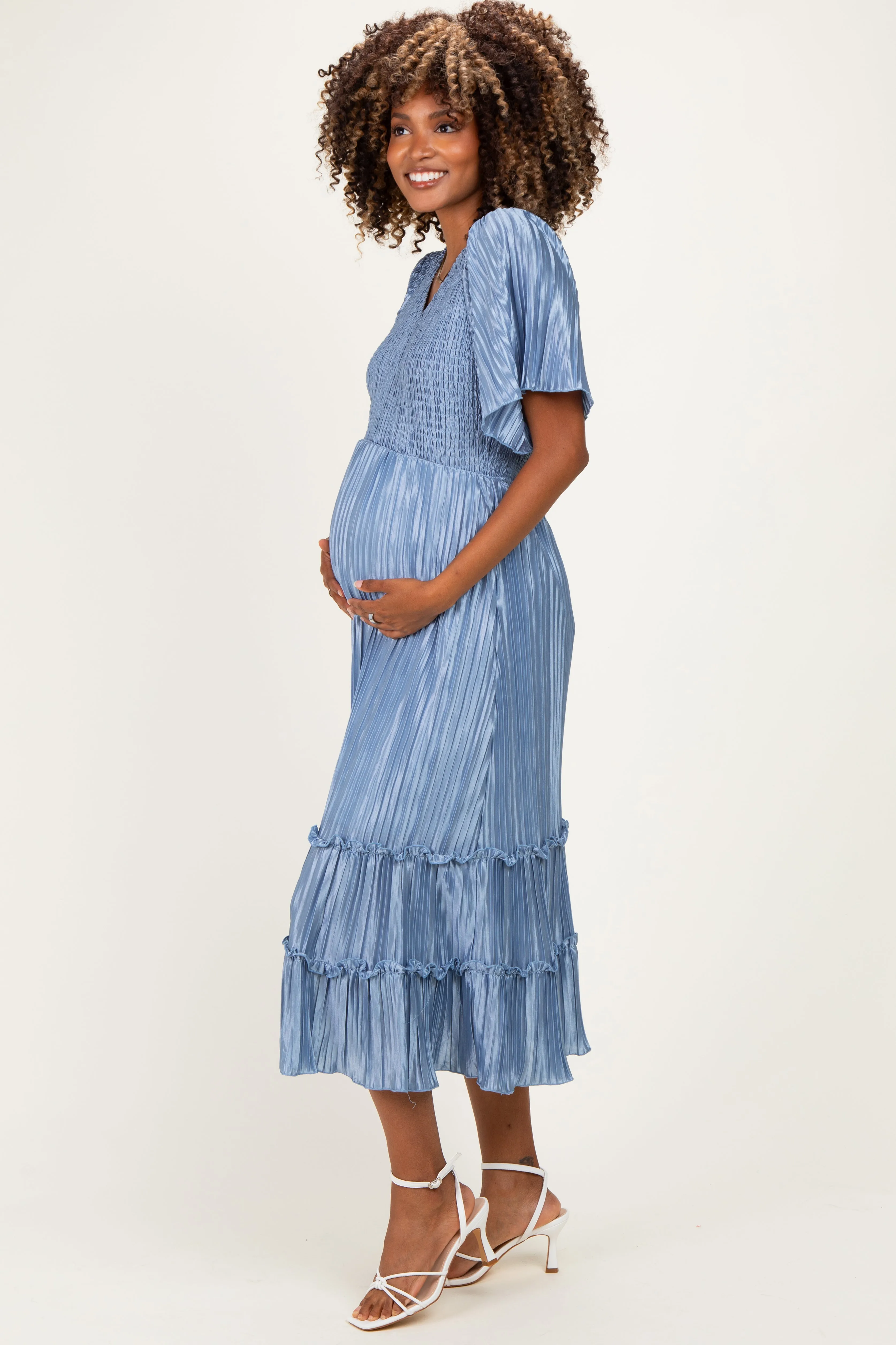 Blue Pleated Satin Smocked Maternity Midi Dress sold by Pinkblush product image thumbnail 2