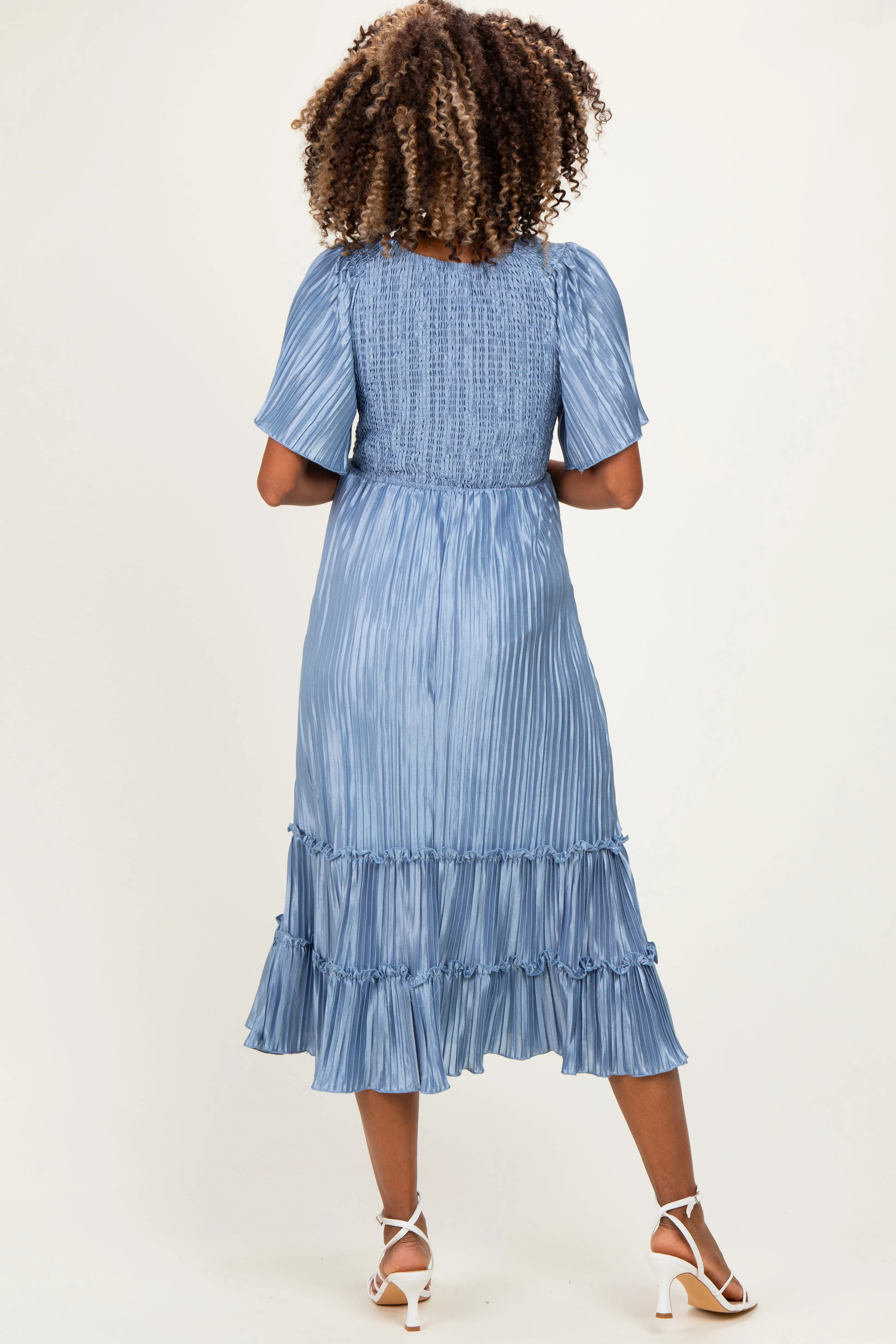 Blue Pleated Satin Smocked Maternity Midi Dress sold by Pinkblush product image thumbnail 3