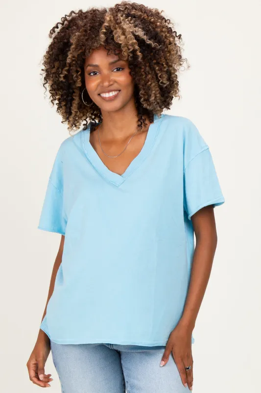 Light Blue Washed V-Neck Oversized Maternity Tee made by HYFVE