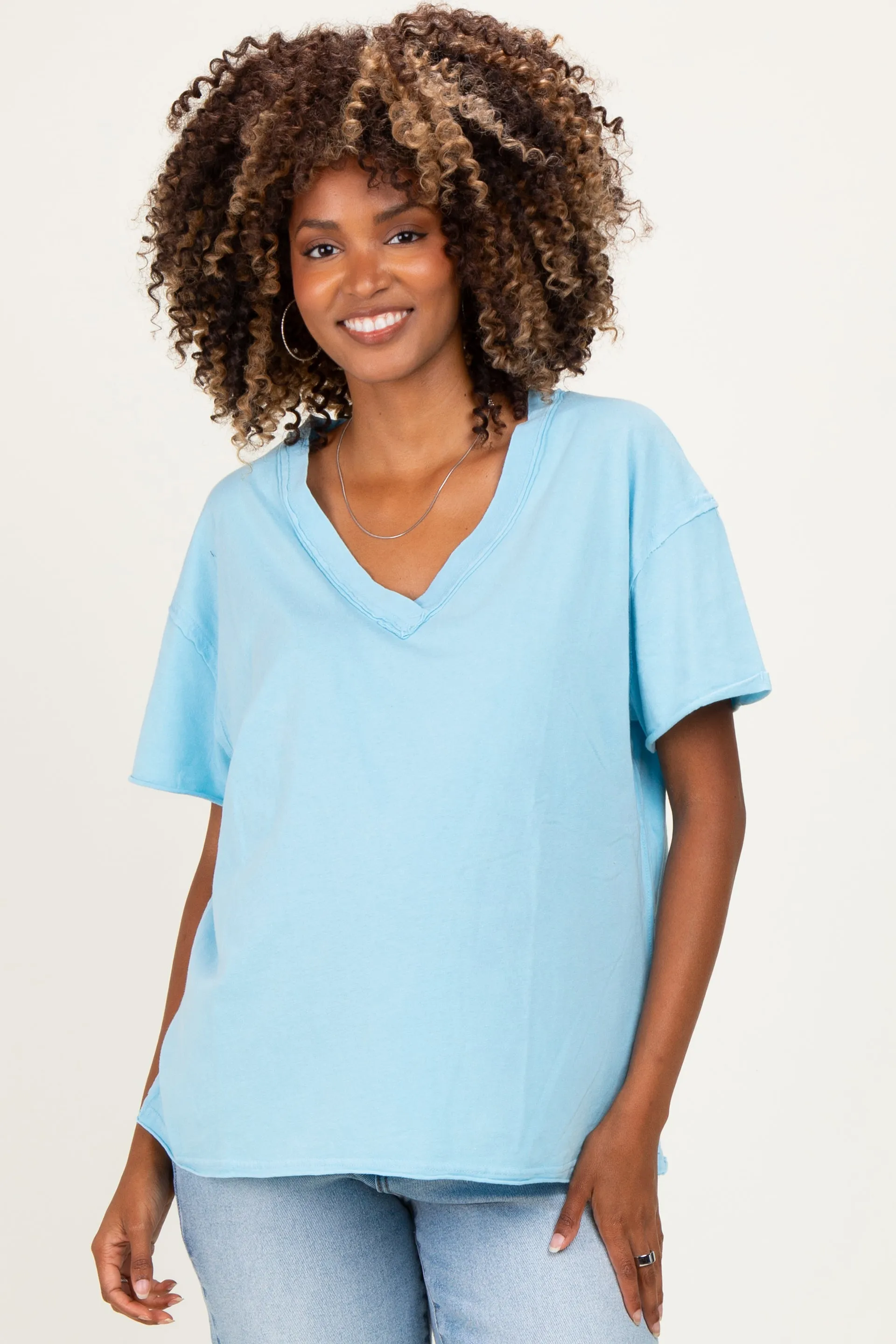 Light Blue Washed V-Neck Oversized Maternity Tee sold by Pinkblush
