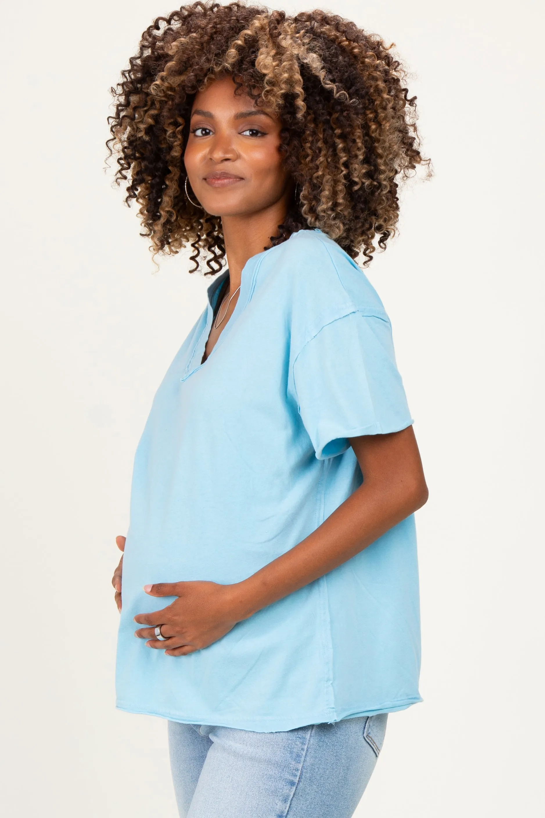 Light Blue Washed V-Neck Oversized Maternity Tee sold by Pinkblush product image thumbnail 2
