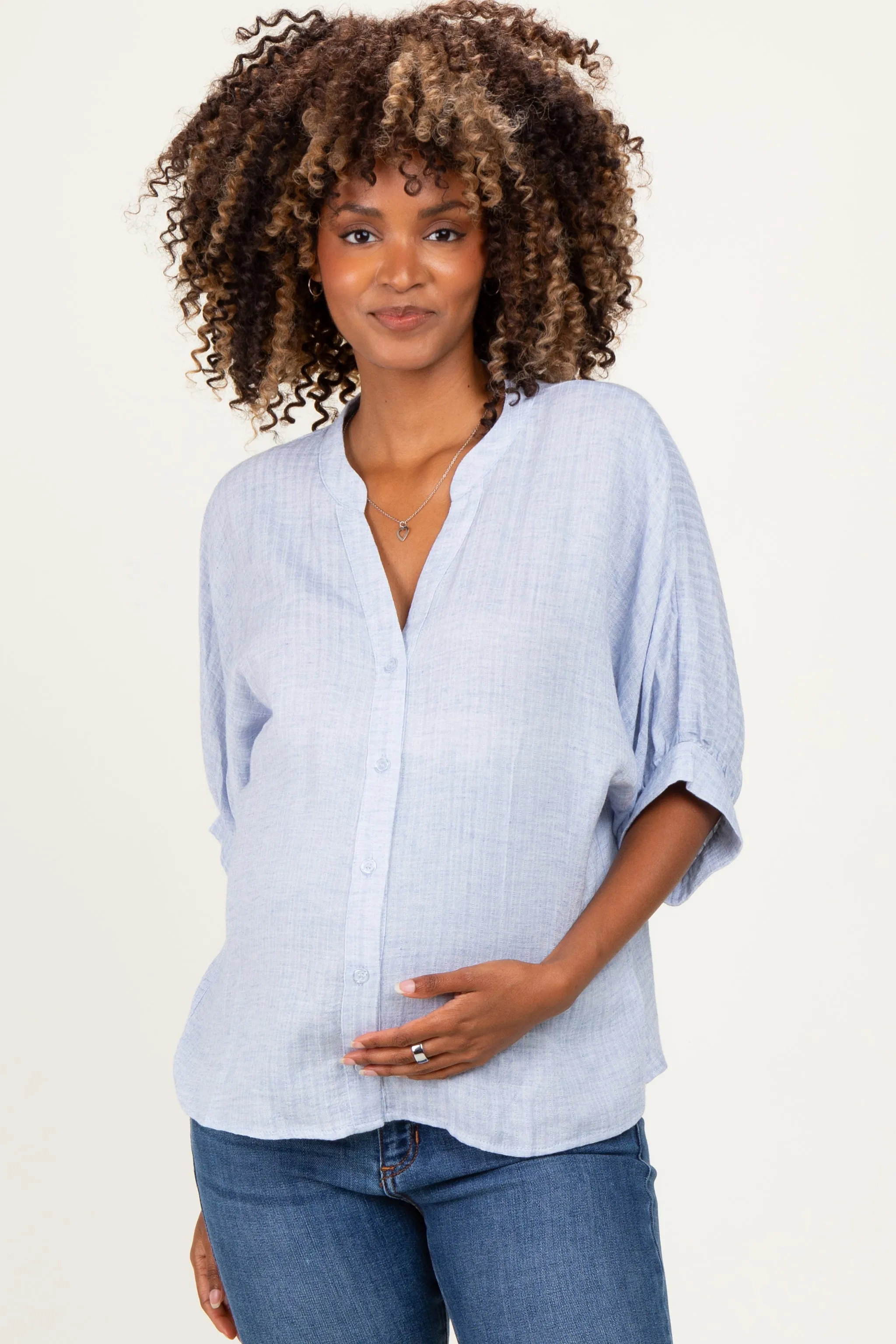 Light Blue Button Down 3/4 Sleeve Maternity Blouse sold by Pinkblush product image thumbnail 2
