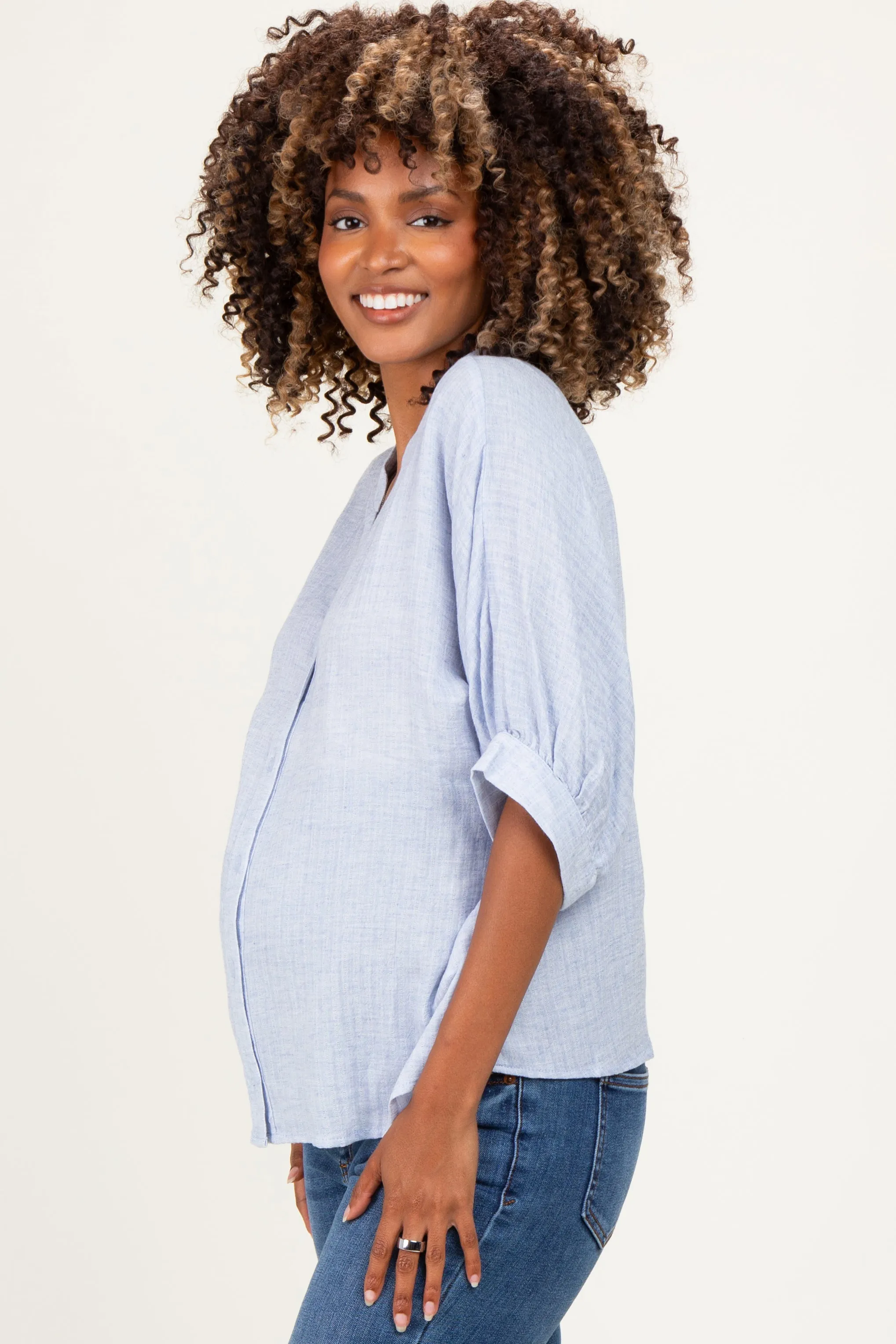 Light Blue Button Down 3/4 Sleeve Maternity Blouse sold by Pinkblush product image thumbnail 3