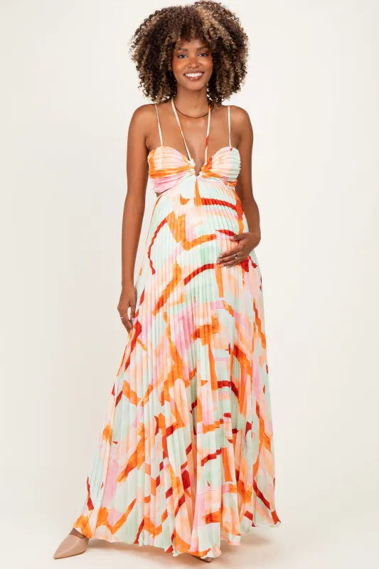 Multicolor Pleated Halter Cutout Maternity Maxi Dress made by Aakaa