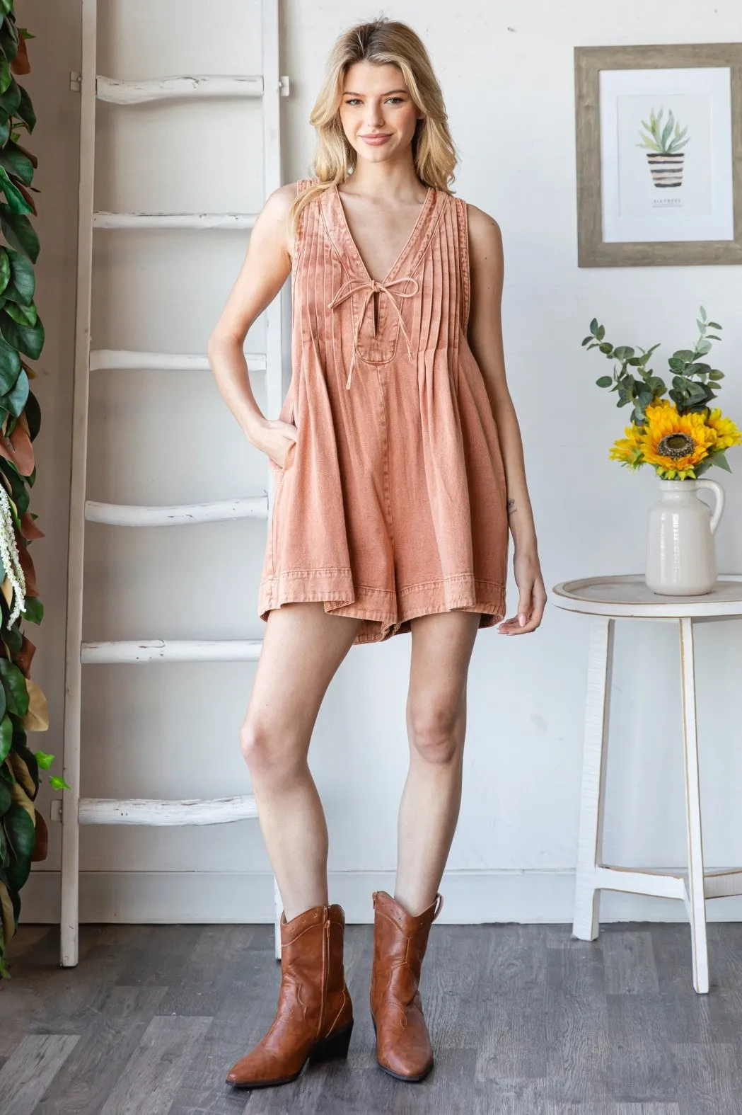 Brick Deep V-Neck Pleated Front Tie Sleeveless Romper sold by Pinkblush product image thumbnail 4