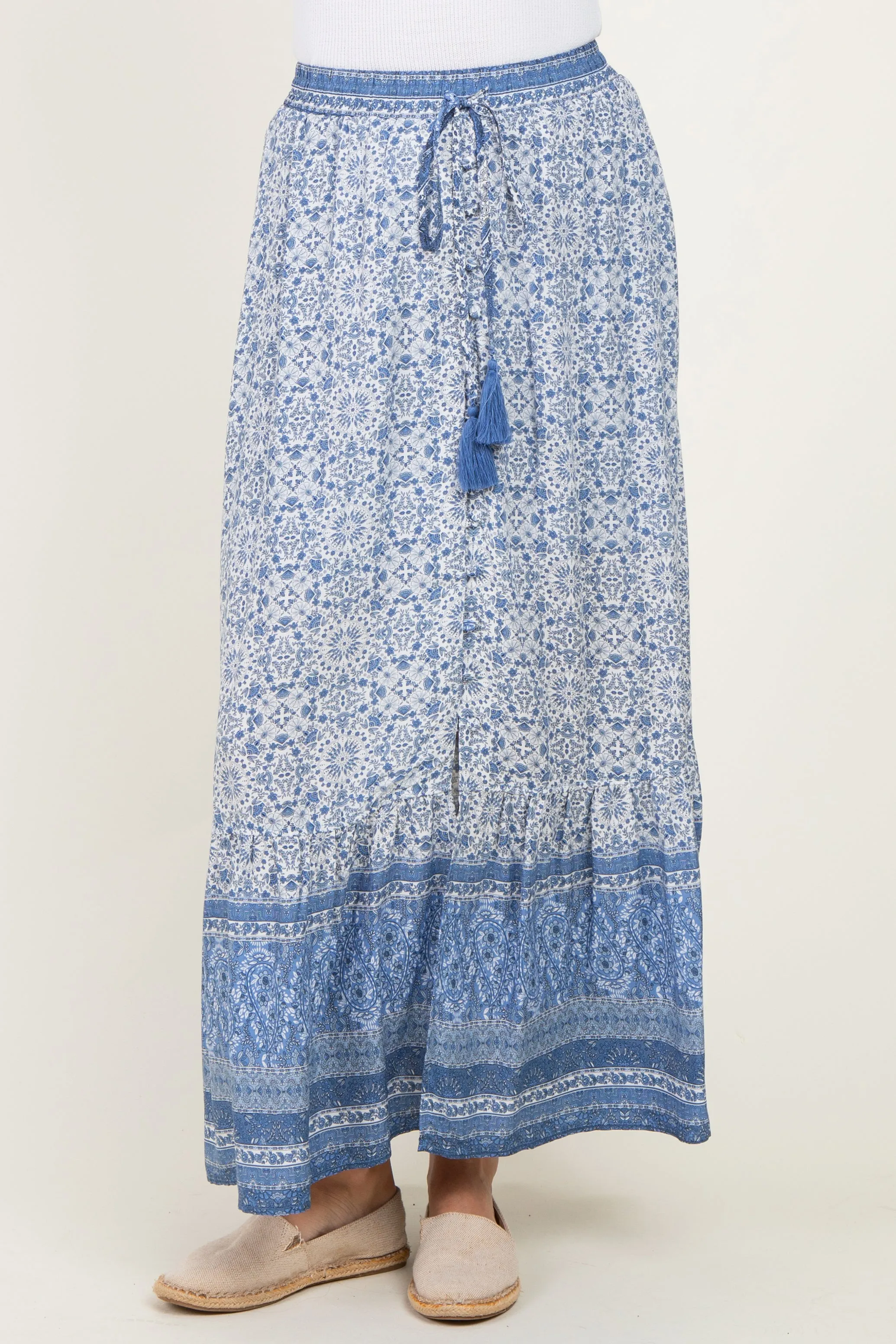 Blue Boho Print Drawstring Smocked Waist Maxi Skirt sold by Pinkblush product image thumbnail 2