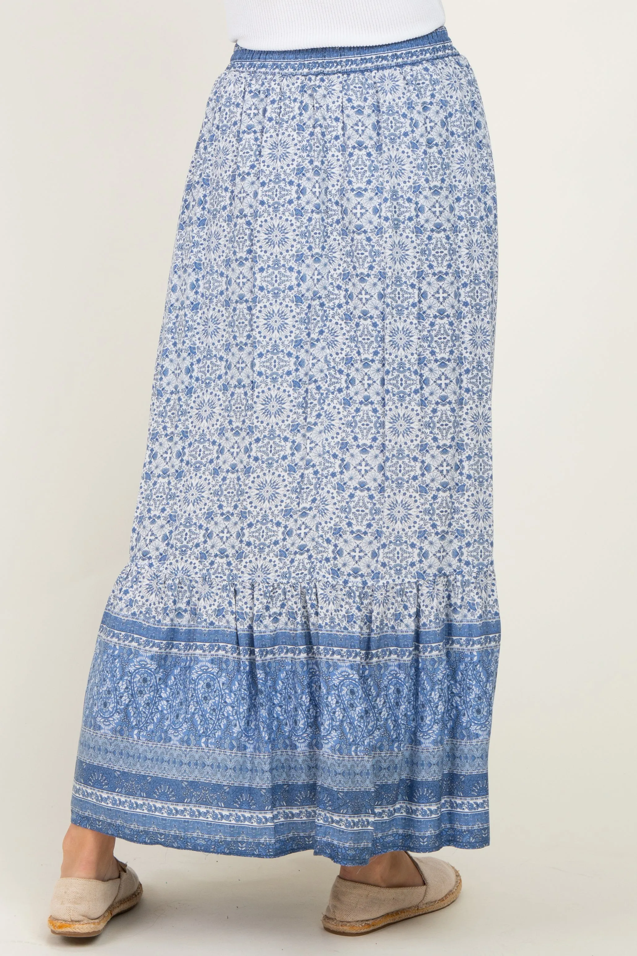 Blue Boho Print Drawstring Smocked Waist Maxi Skirt sold by Pinkblush product image thumbnail 4