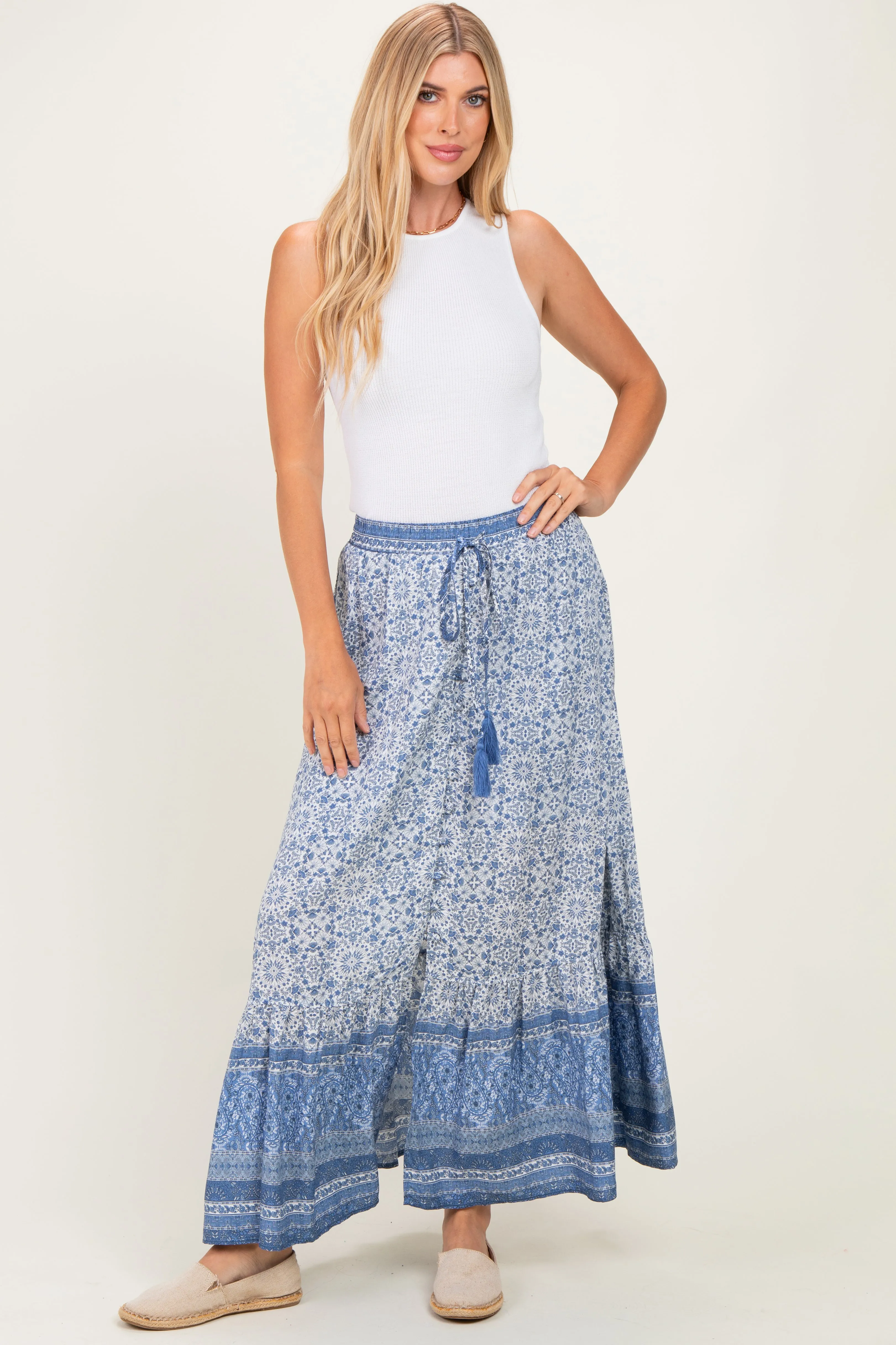 Blue Boho Print Drawstring Smocked Waist Maxi Skirt sold by Pinkblush