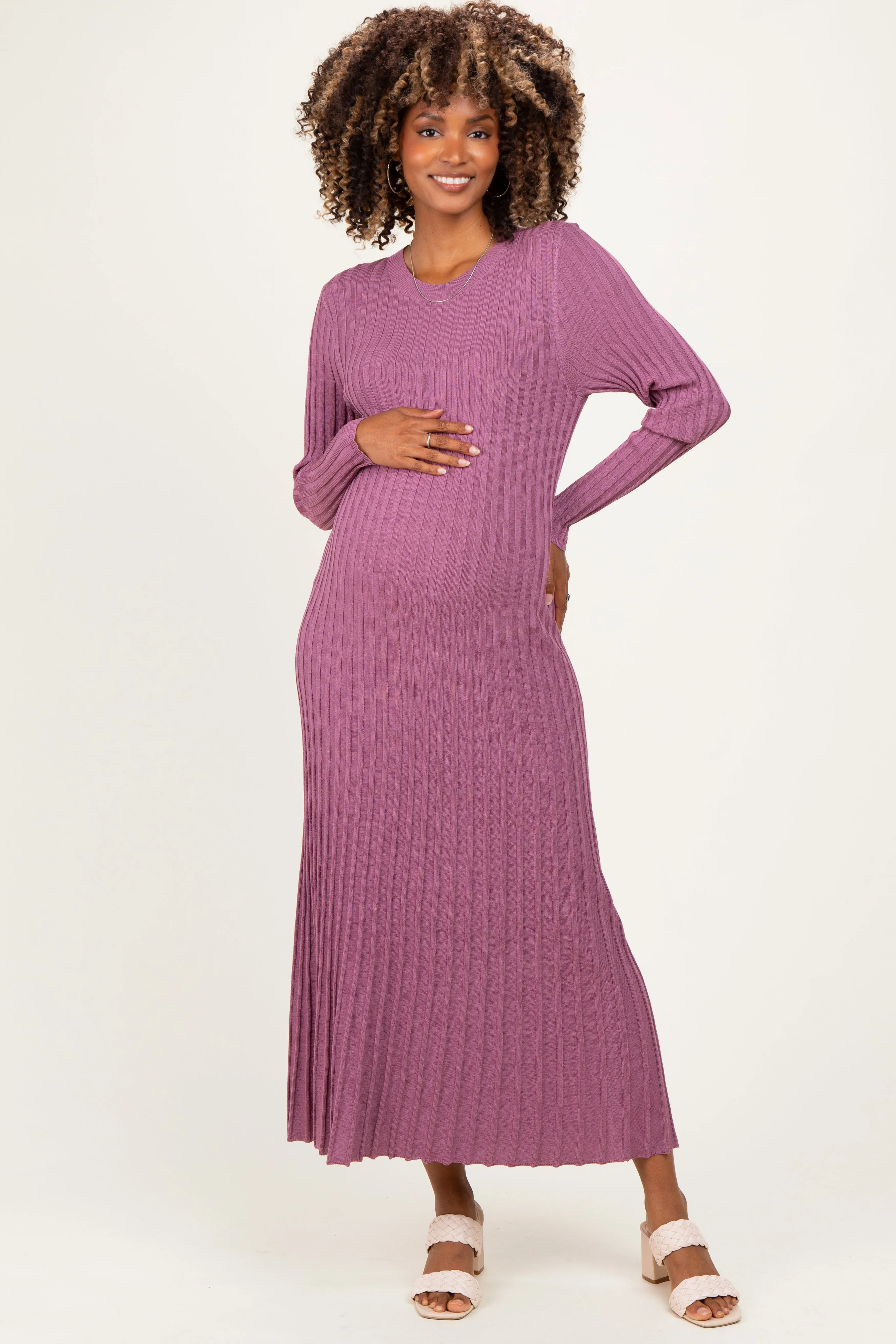 Mauve Ribbed Long Sleeve Maternity Sweater Midi Dress sold by Pinkblush