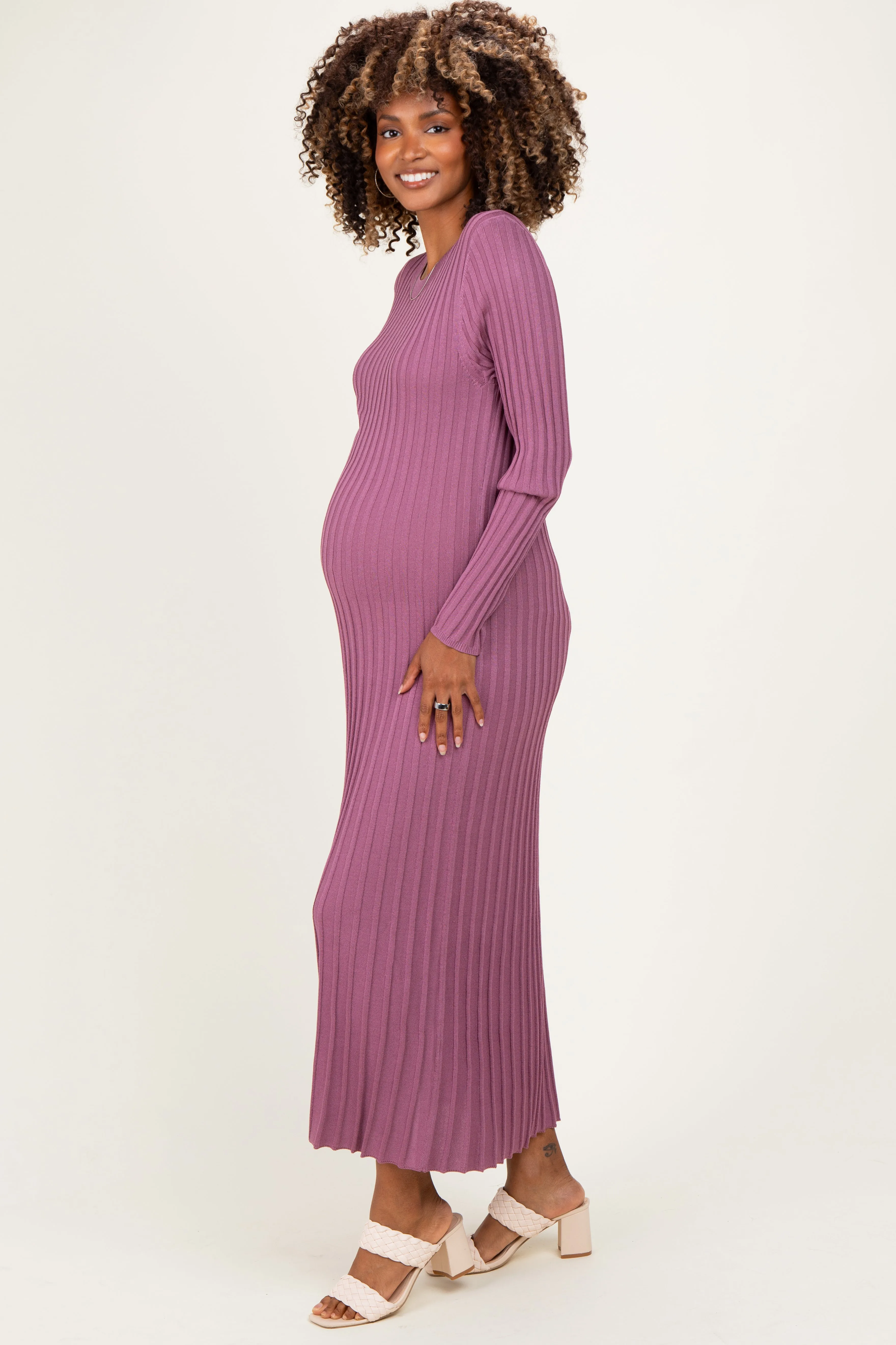 Mauve Ribbed Long Sleeve Maternity Sweater Midi Dress sold by Pinkblush product image thumbnail 2
