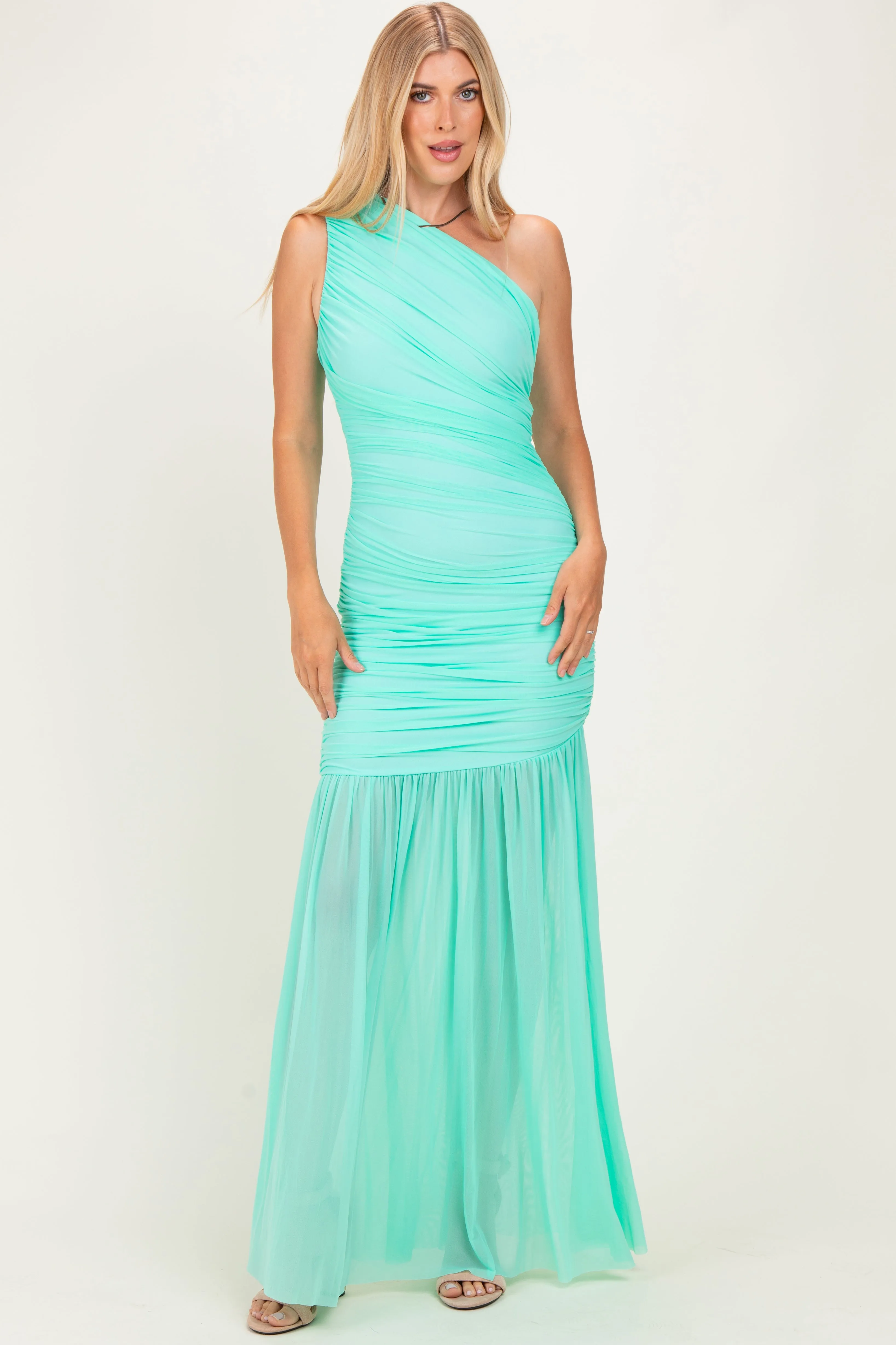 Jelly Mint Ruched Mesh One Shoulder Maxi Dress sold by Pinkblush