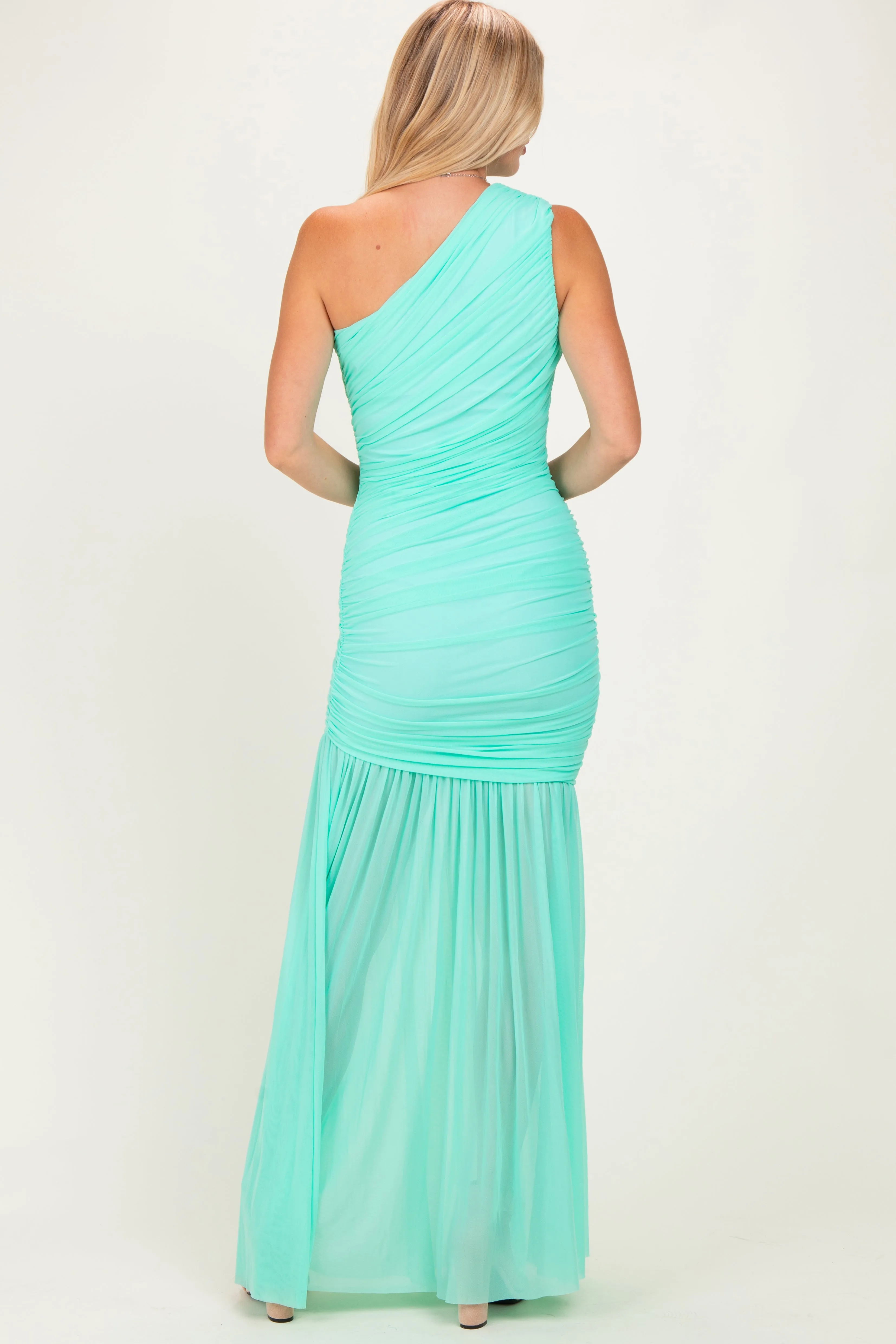 Jelly Mint Ruched Mesh One Shoulder Maxi Dress sold by Pinkblush product image thumbnail 3