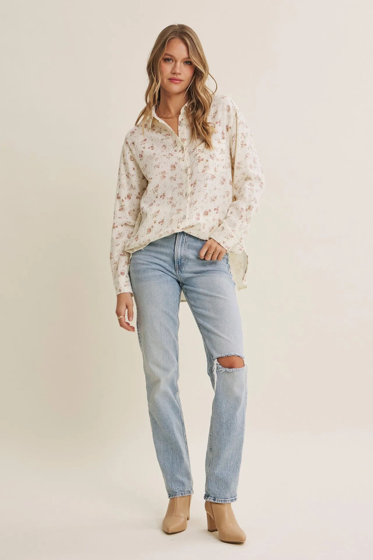 Mauve Floral Cotton Gauze Oversized Button-Down Shirt sold by Pinkblush product image thumbnail 3