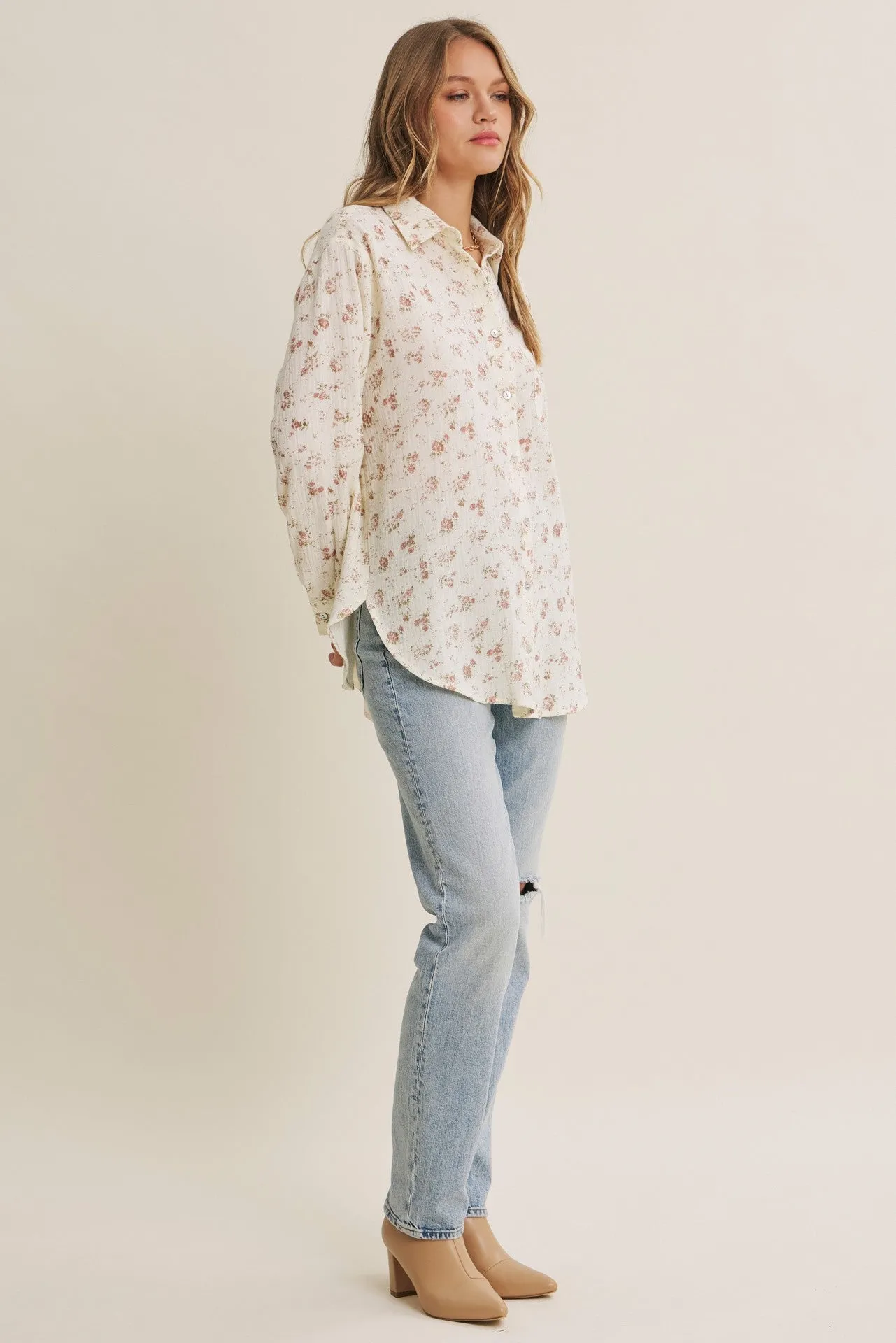 Mauve Floral Cotton Gauze Oversized Button-Down Shirt sold by Pinkblush product image thumbnail 4