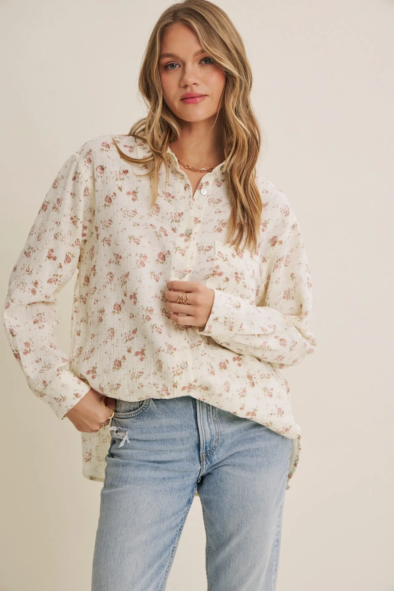 Mauve Floral Cotton Gauze Oversized Button-Down Shirt sold by Pinkblush