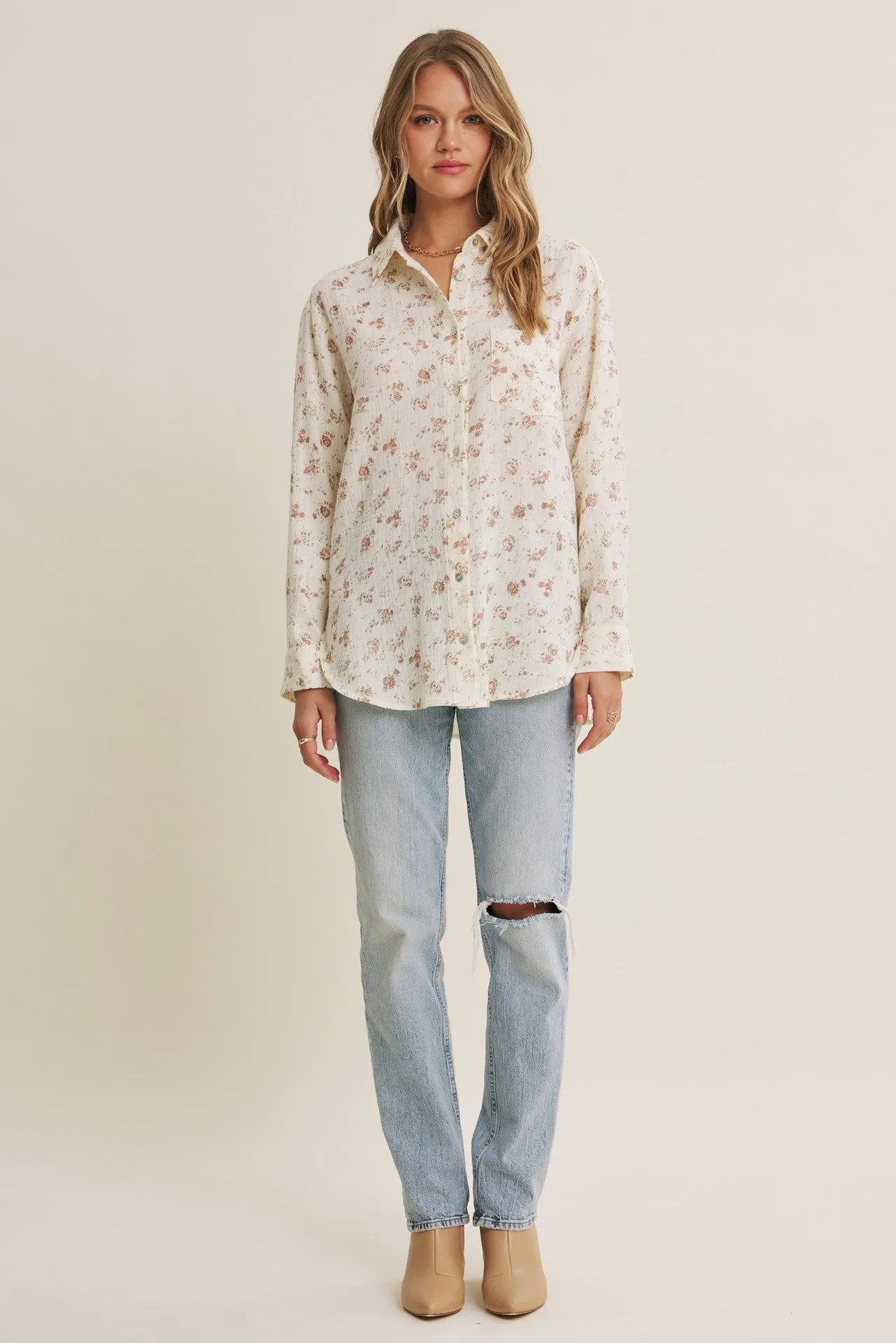 Mauve Floral Cotton Gauze Oversized Button-Down Shirt sold by Pinkblush product image thumbnail 2