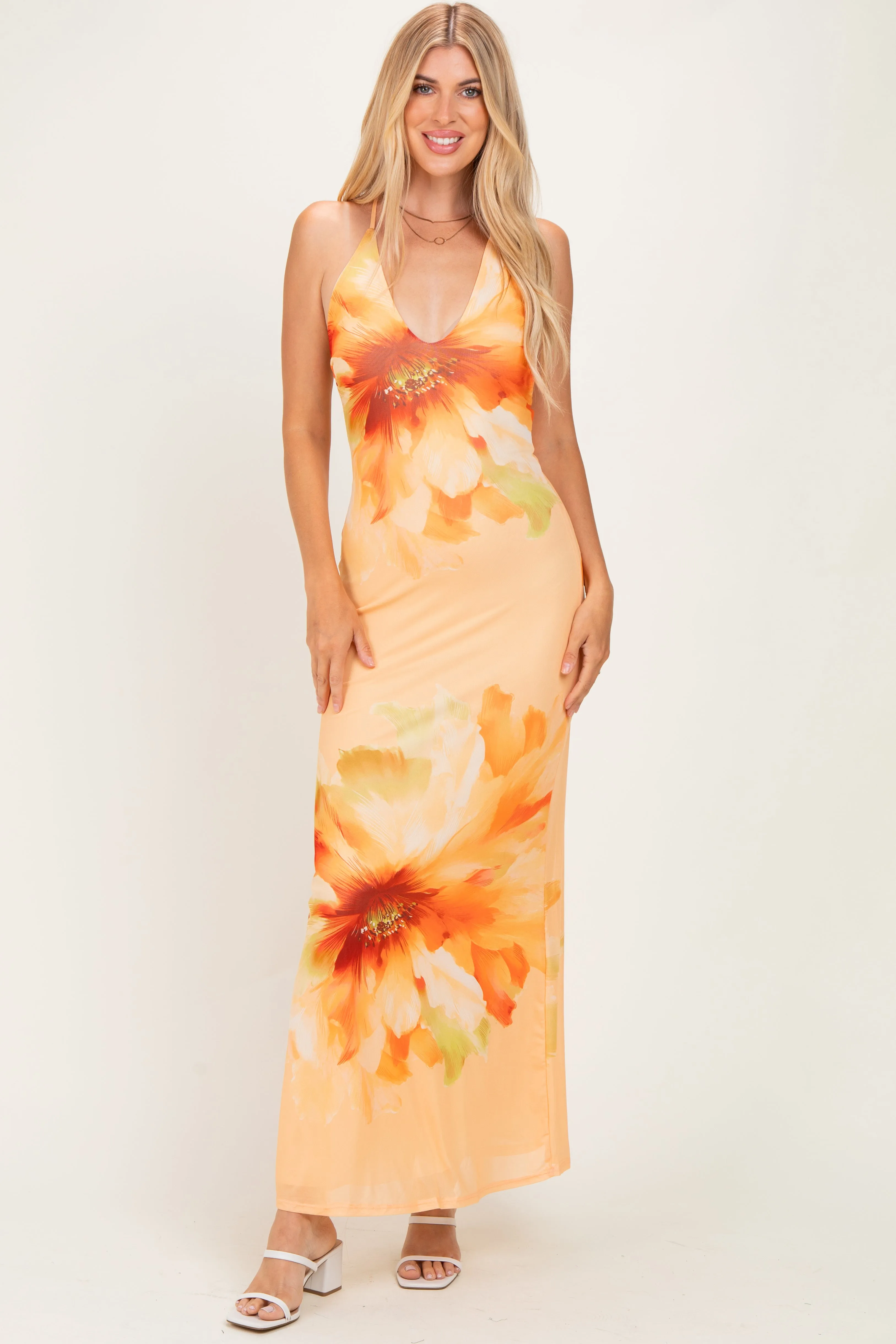 Peach Floral Deep V-Neck Maxi Dress sold by Pinkblush