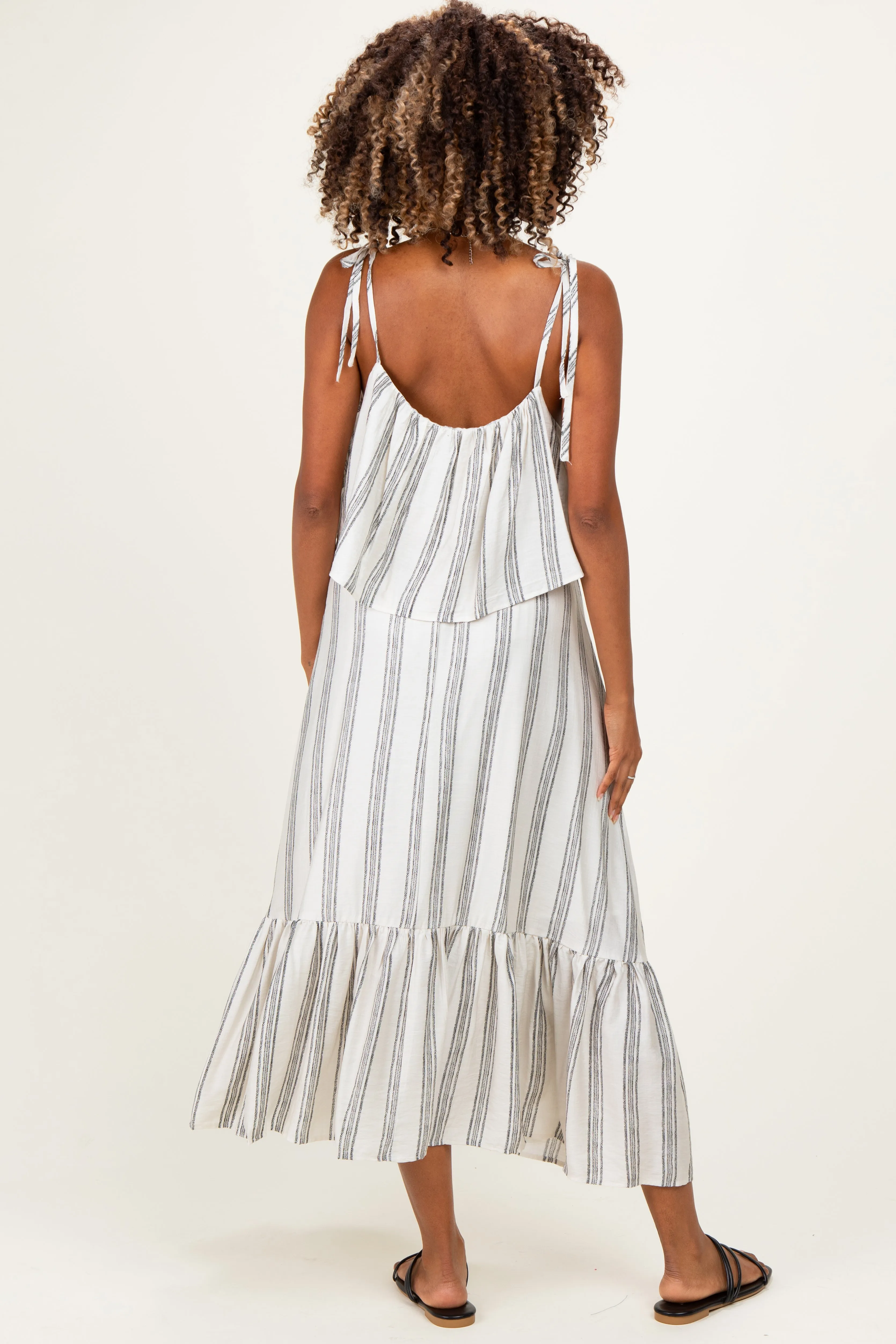 Black Striped Flounce Shoulder Tie Maternity Midi Dress sold by Pinkblush product image thumbnail 2