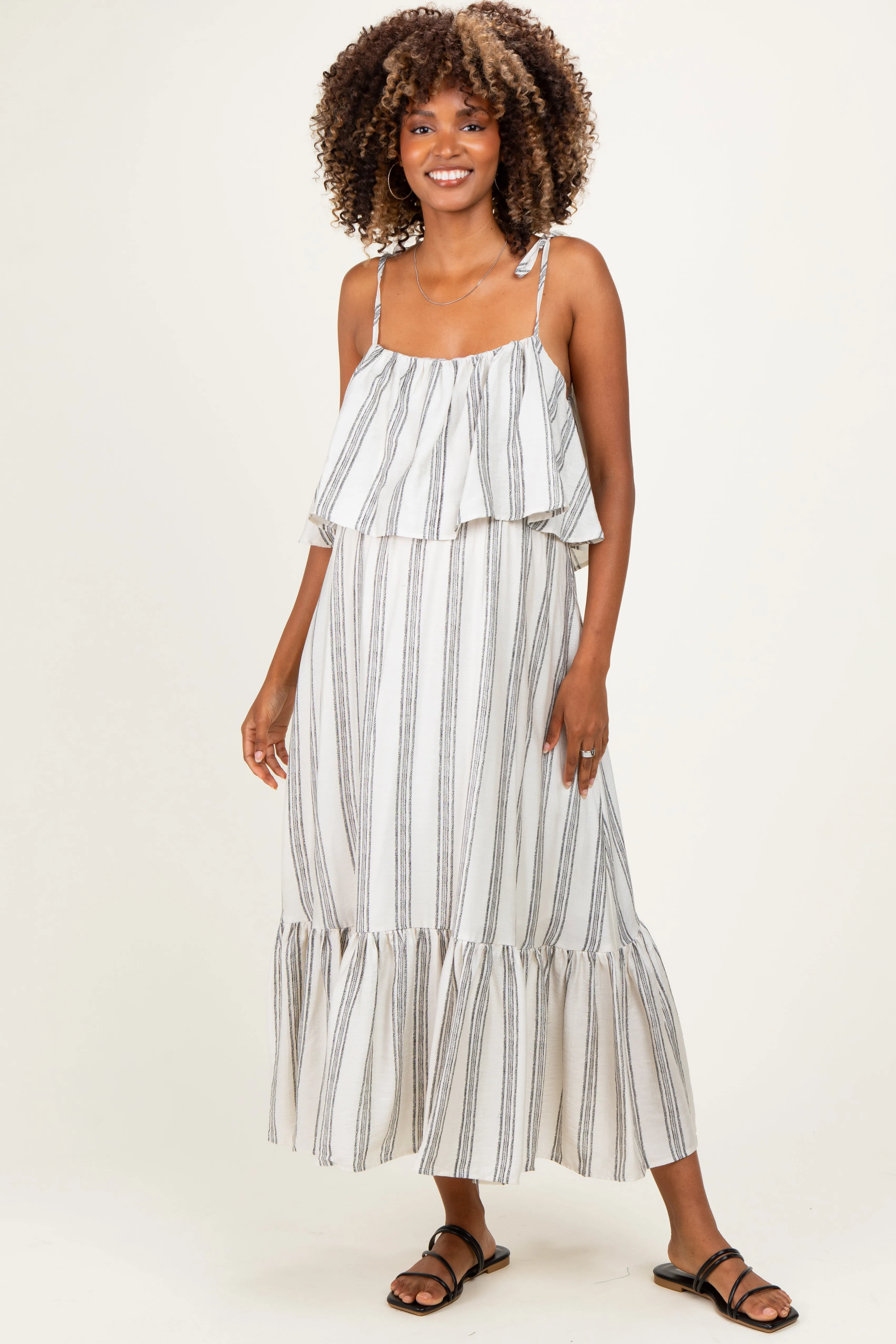 Black Striped Flounce Shoulder Tie Maternity Midi Dress sold by Pinkblush