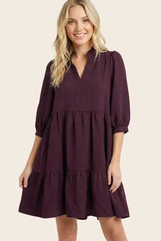Eggplant Ruffle Split Neck Tiered Dress made by Staccato