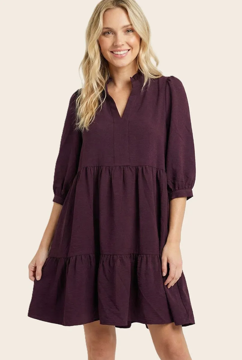 Eggplant Ruffle Split Neck Tiered Dress sold by Pinkblush