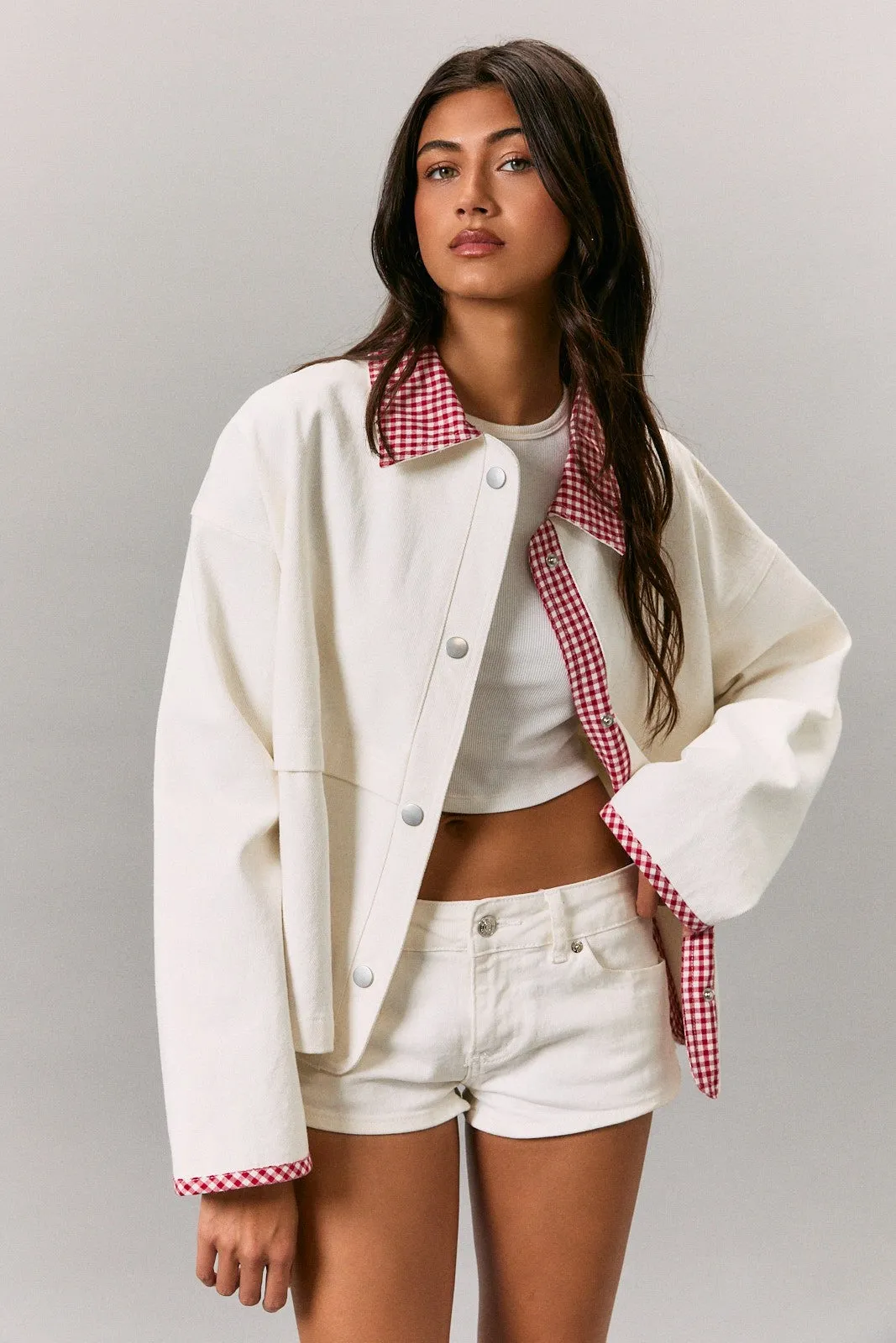 White Red Plaid Contrast Jacket sold by Pinkblush