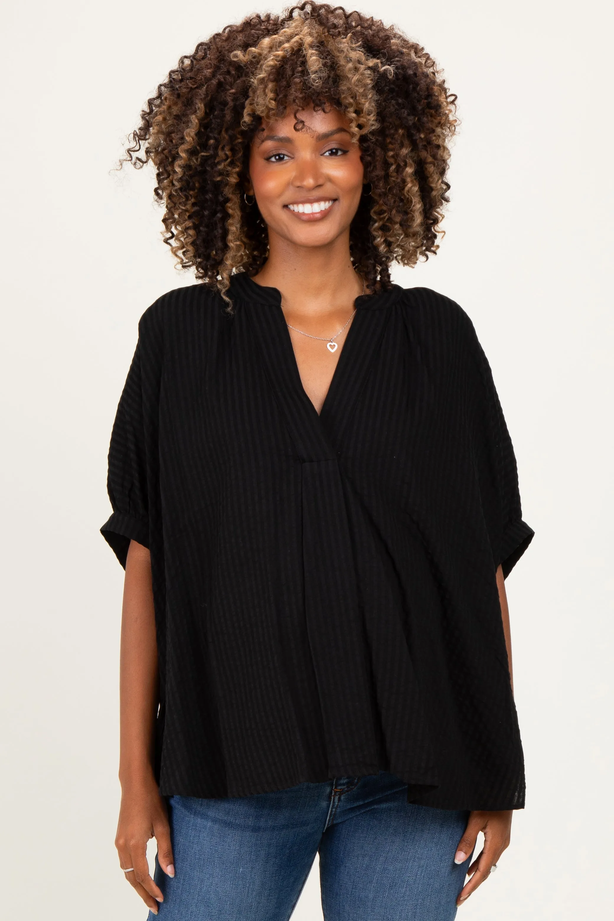 Black Textured Stripe Oversized Maternity Blouse sold by Pinkblush