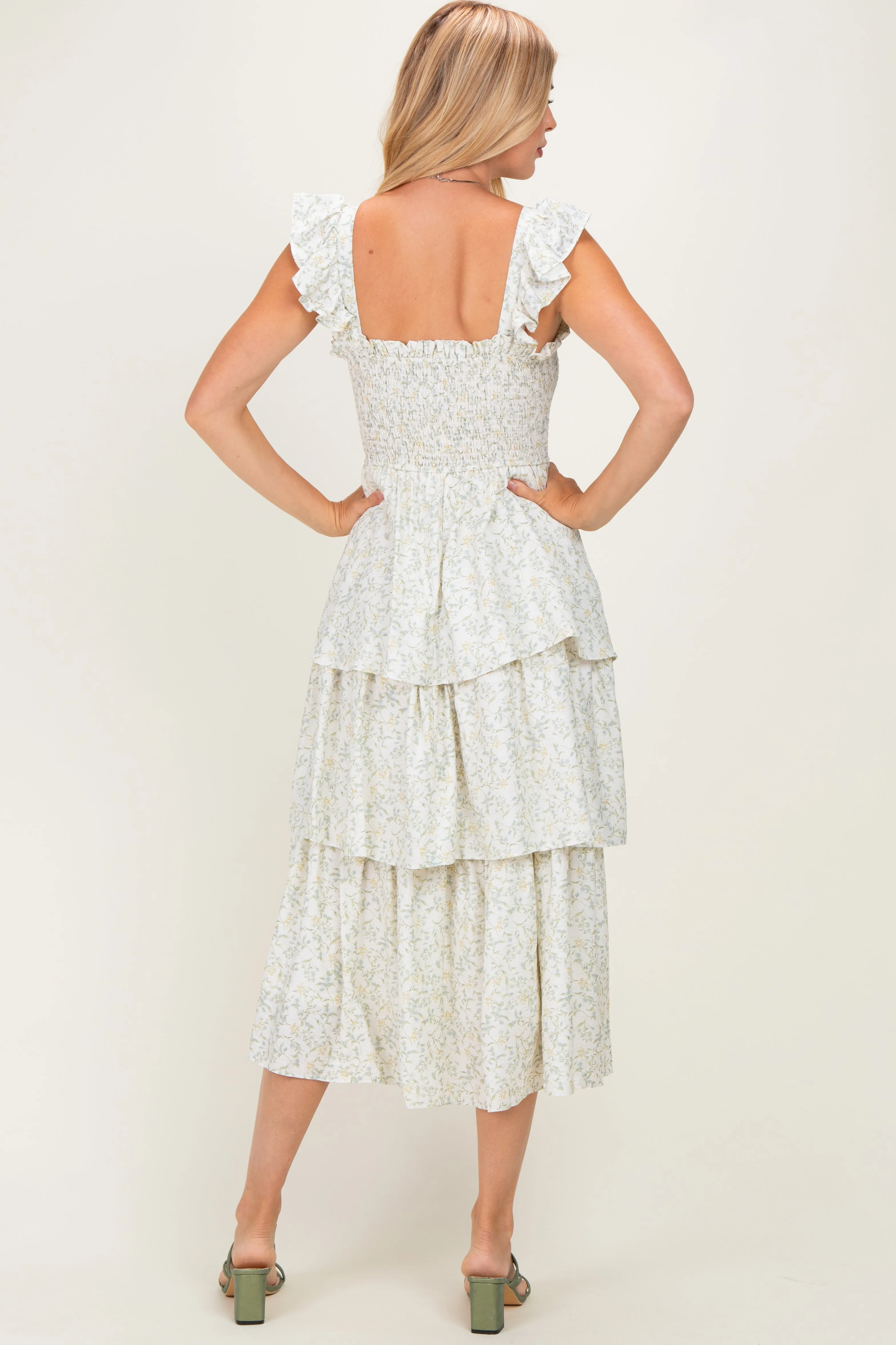 Ivory Floral Smocked Flowy Tier Midi Dress sold by Pinkblush product image thumbnail 3
