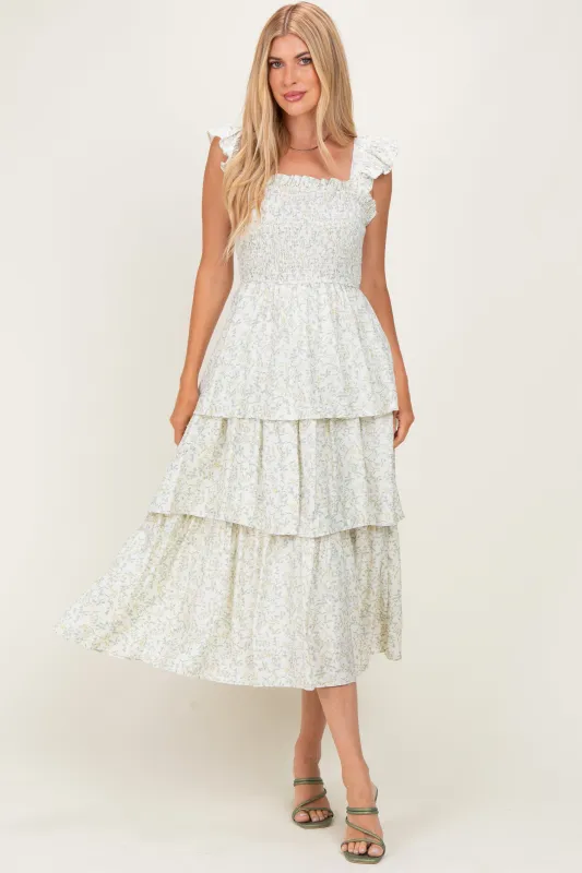 Ivory Floral Smocked Flowy Tier Midi Dress made by Pinkblush