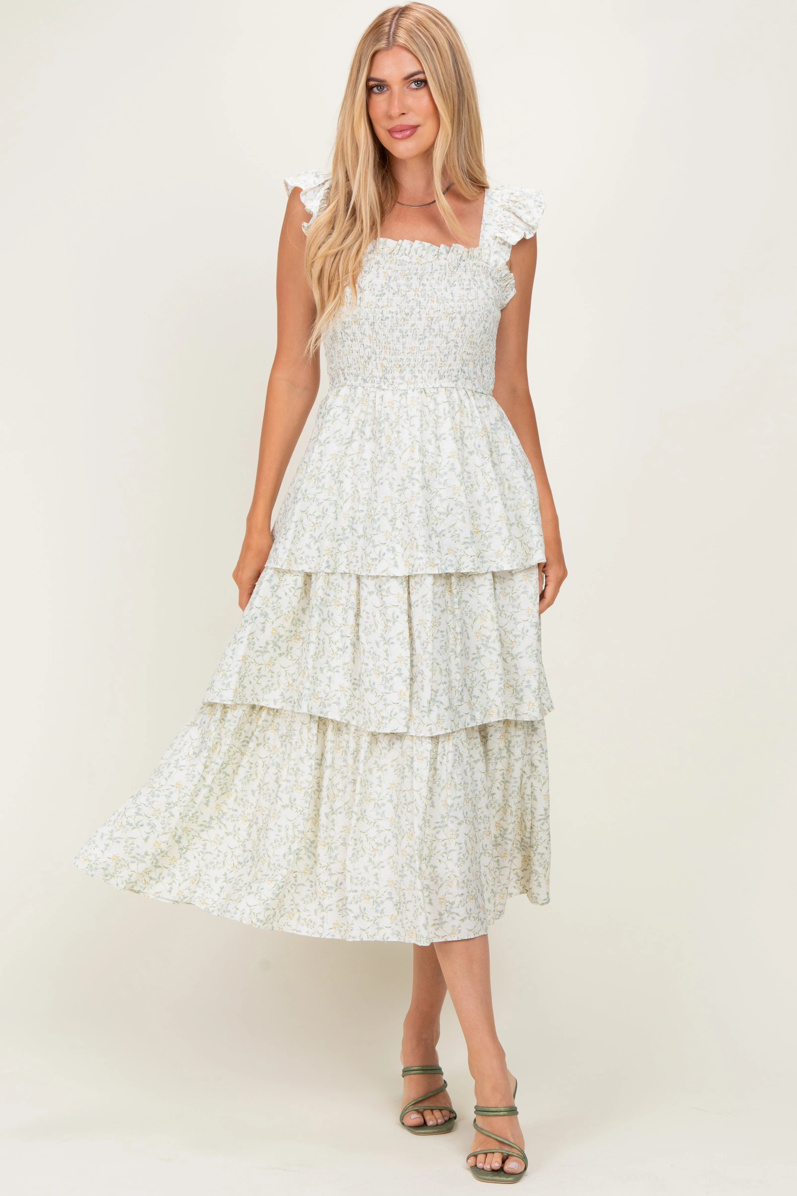 Ivory Floral Smocked Flowy Tier Midi Dress sold by Pinkblush