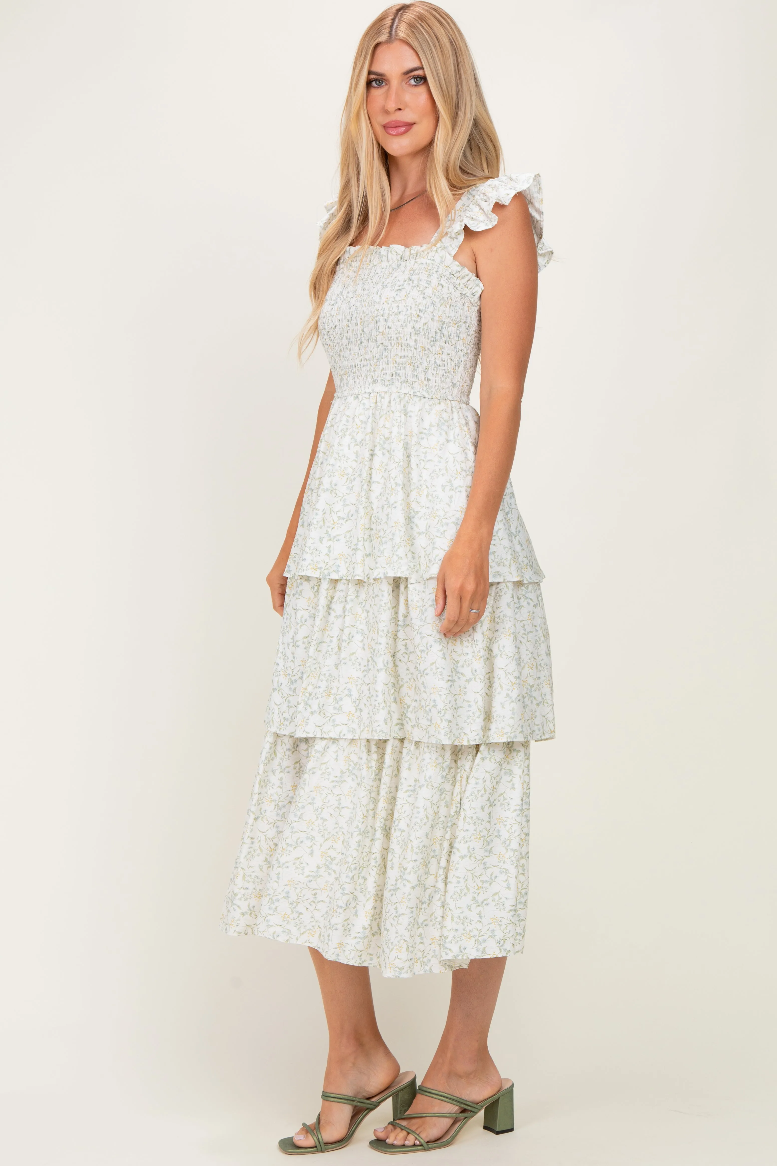 Ivory Floral Smocked Flowy Tier Midi Dress sold by Pinkblush product image thumbnail 2