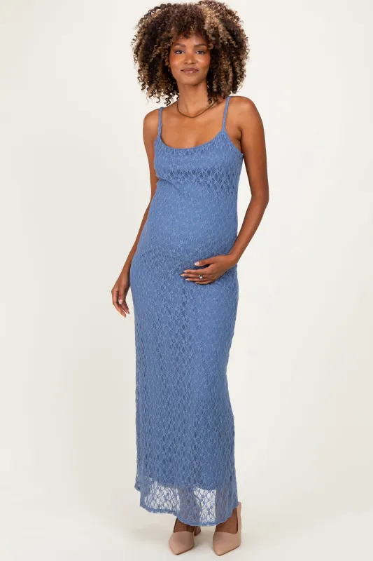 Blue Sleeveless Lace Square Neck Maternity Maxi Dress made by Pinkblush